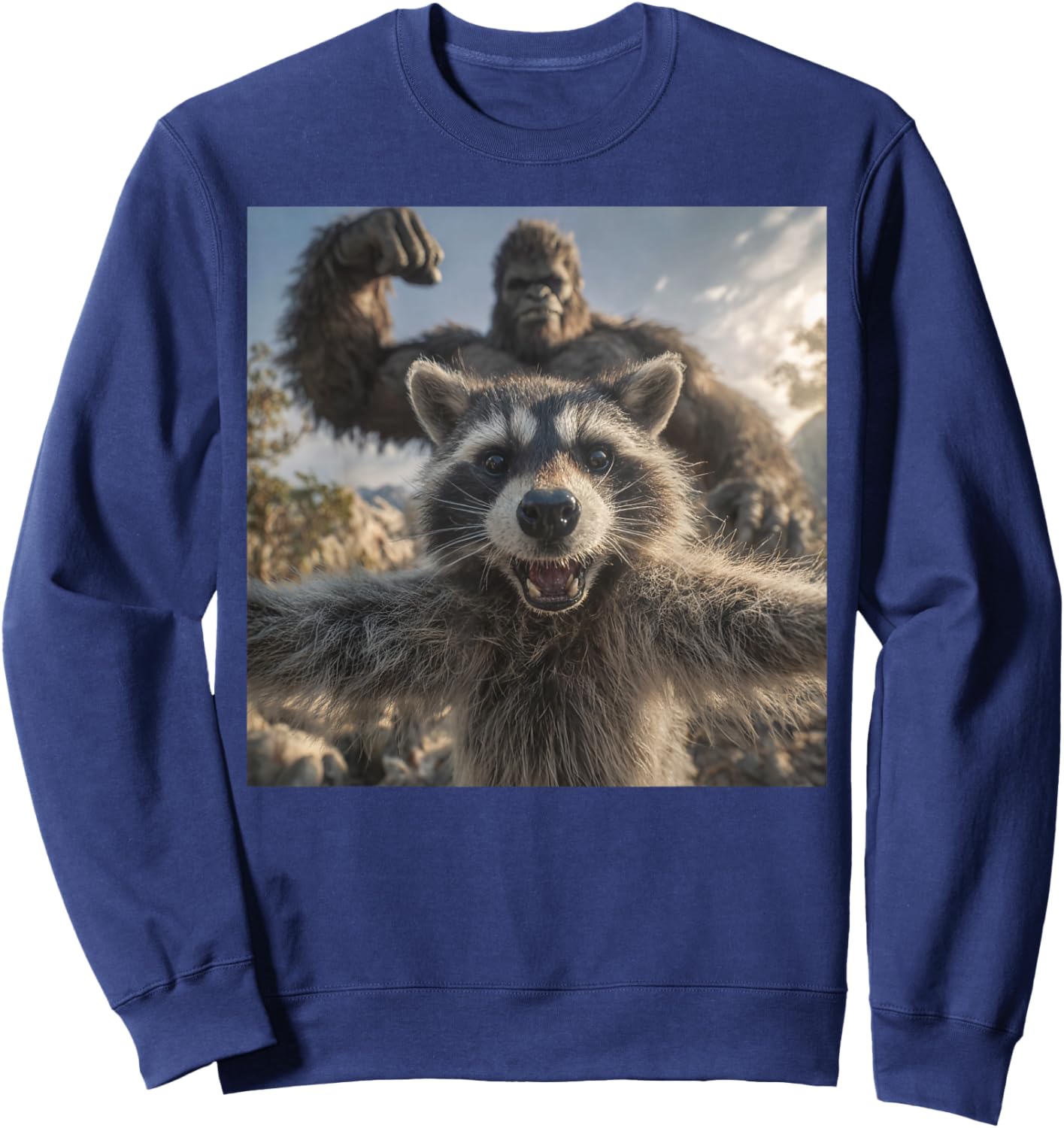 Funny Raccoon Selfie with Bigfoot Funny Sasquatch Meme Sweatshirt - Sweatshirt | Navy