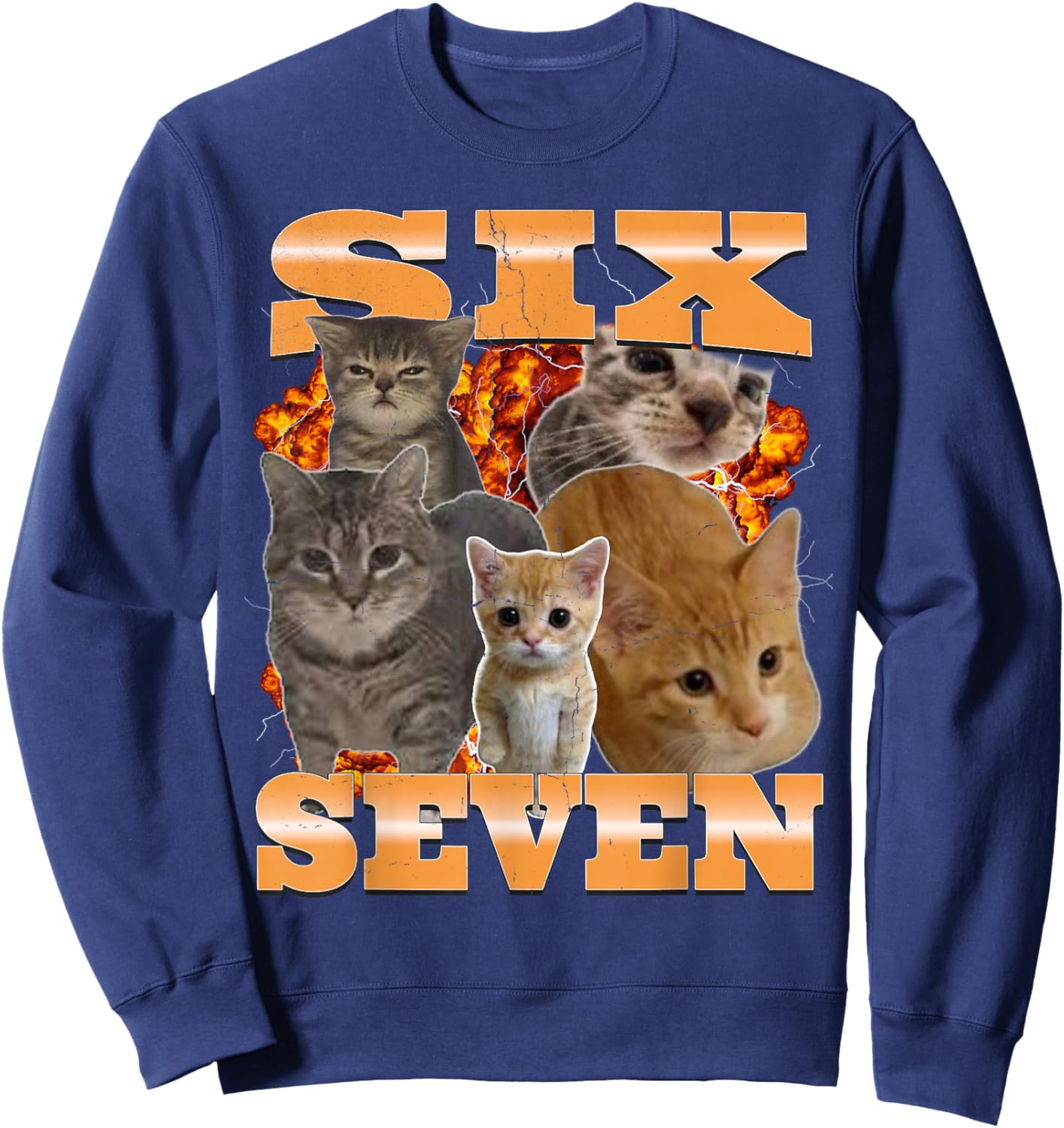 Six Seven Cat Meme Funny Bootleg Graphic Sweatshirt - Sweatshirt | Navy