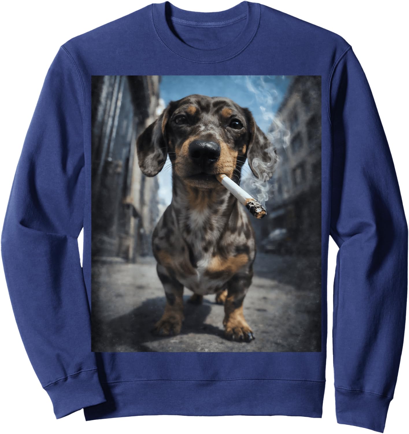 Chocolate Dapple Miniature Dachshund Dog Smoking Cigarette Sweatshirt - Sweatshirt | Navy