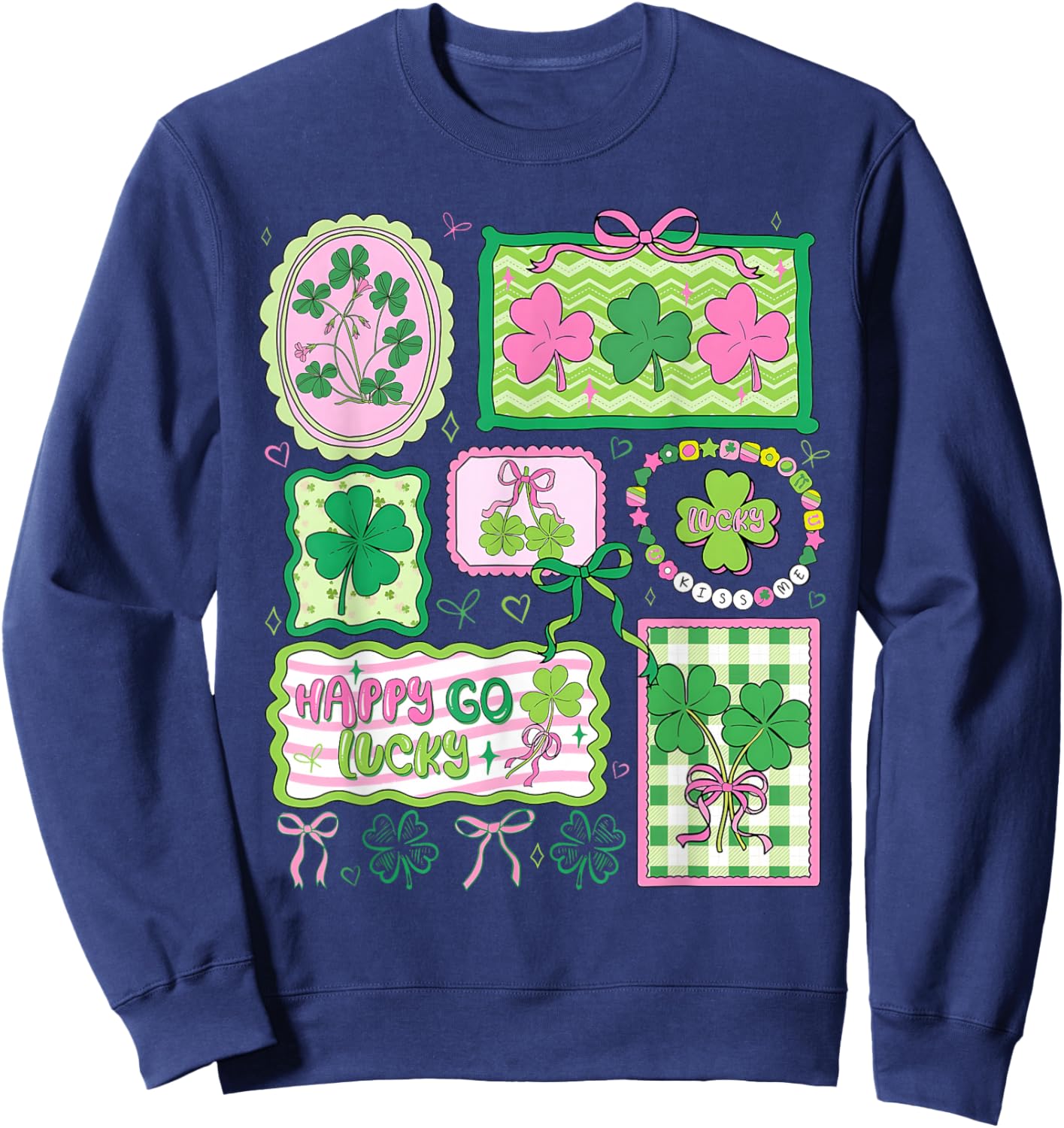 Preppy St Patricks Day Happy Go Lucky Shamrock Bow Men Women Sweatshirt - Sweatshirt | Navy