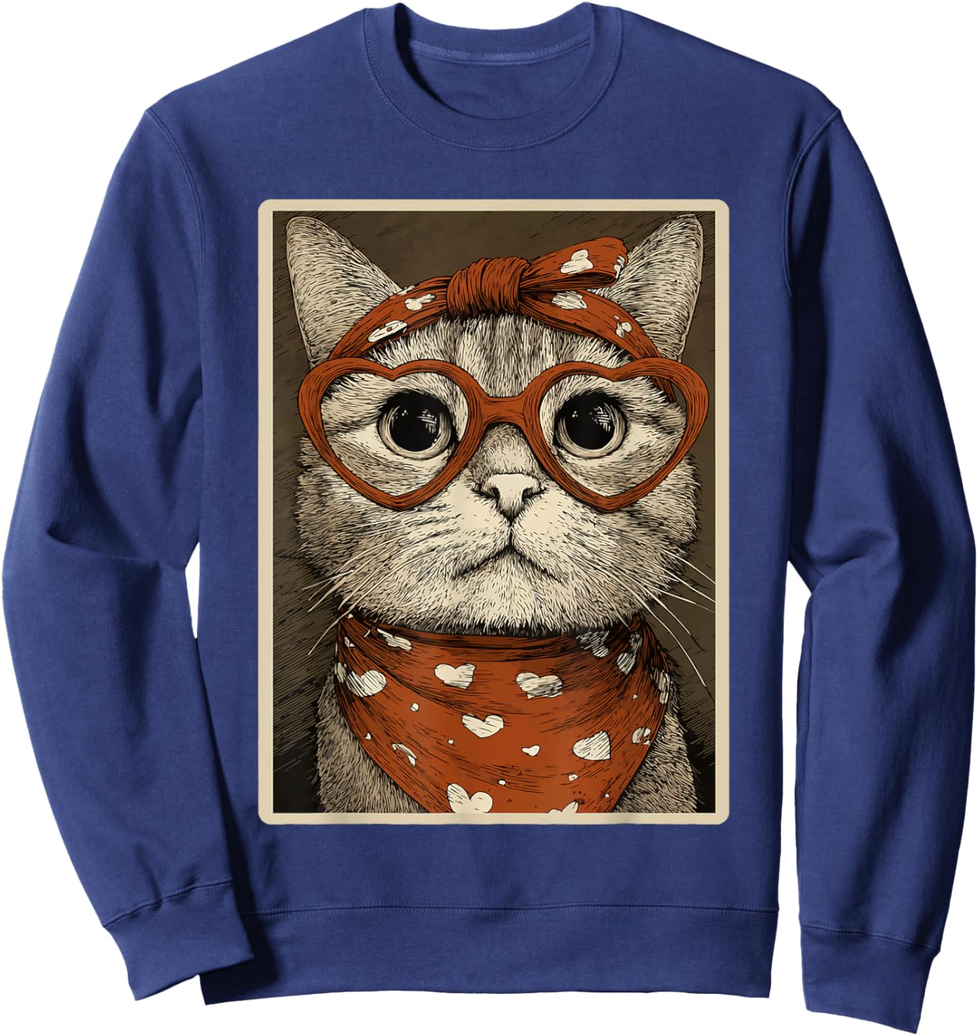 Cute Tabby Cat with Hearts Glasses Valentines Kitty Coquette Sweatshirt - Sweatshirt | Navy