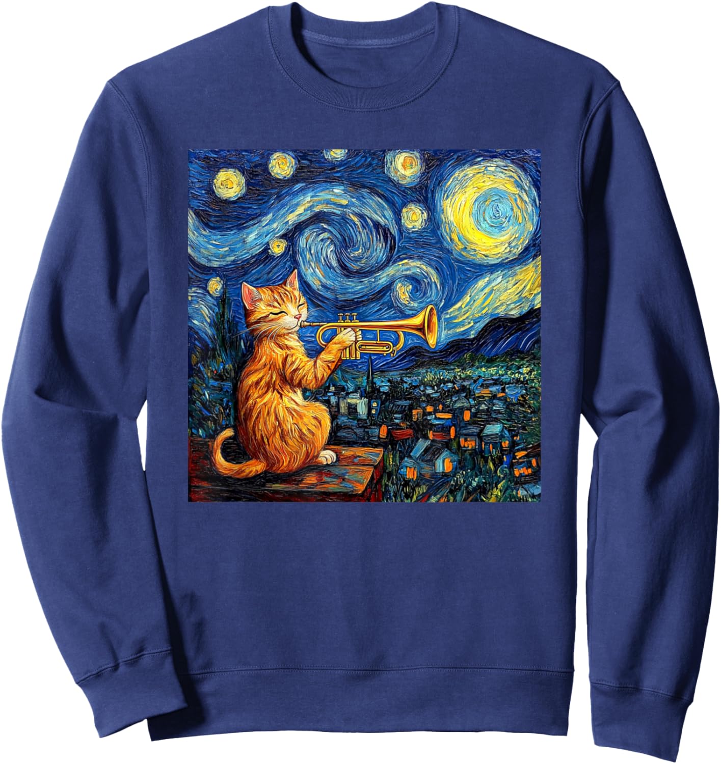 Funny Trumpet Player Cat Shirt Men Kids Sweatshirt - Sweatshirt | Navy