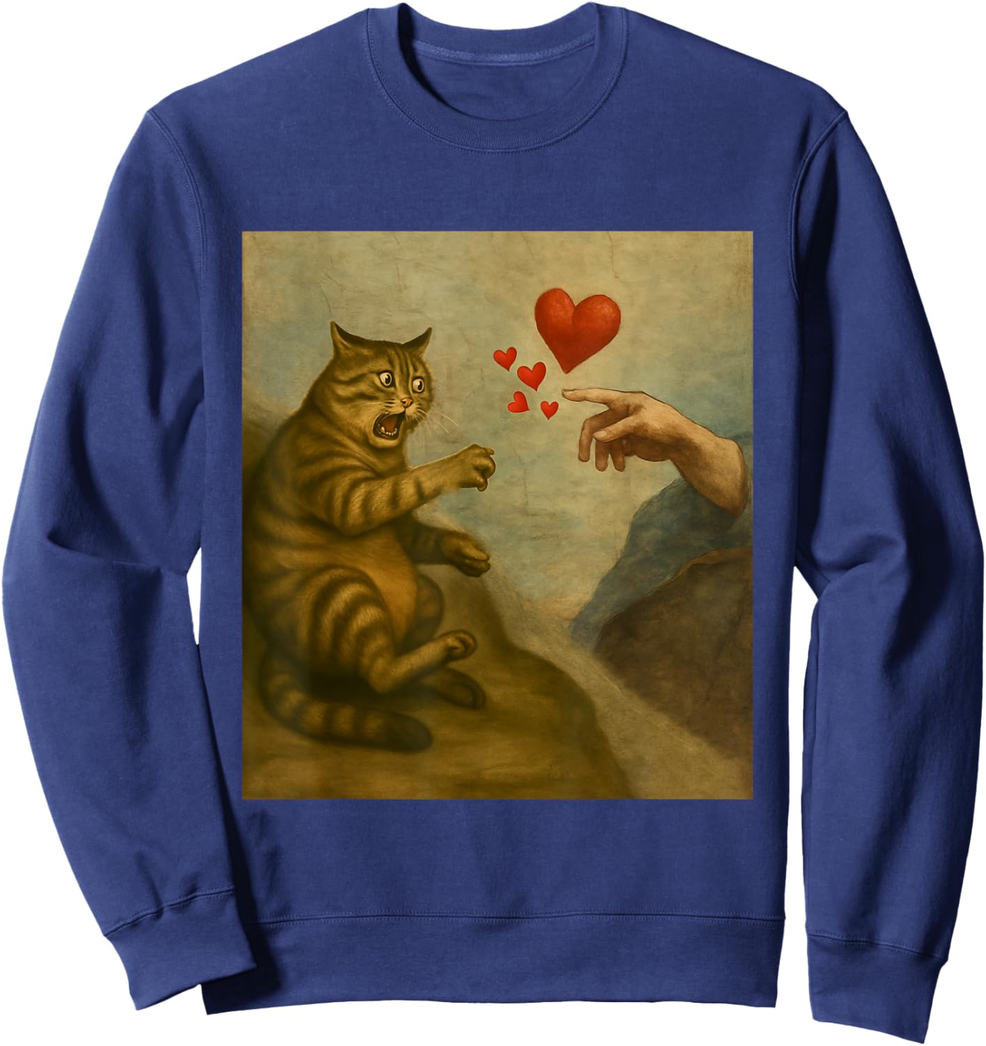 Cat Swatting God's Hand with Hearts Parody Cats Sweatshirt - Sweatshirt | Navy