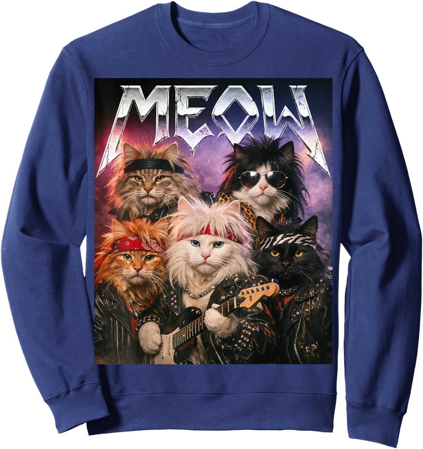 Meow Funny Cat Rock Hair Band Retro 80s and 90s Music Fan Sweatshirt - Sweatshirt | Navy