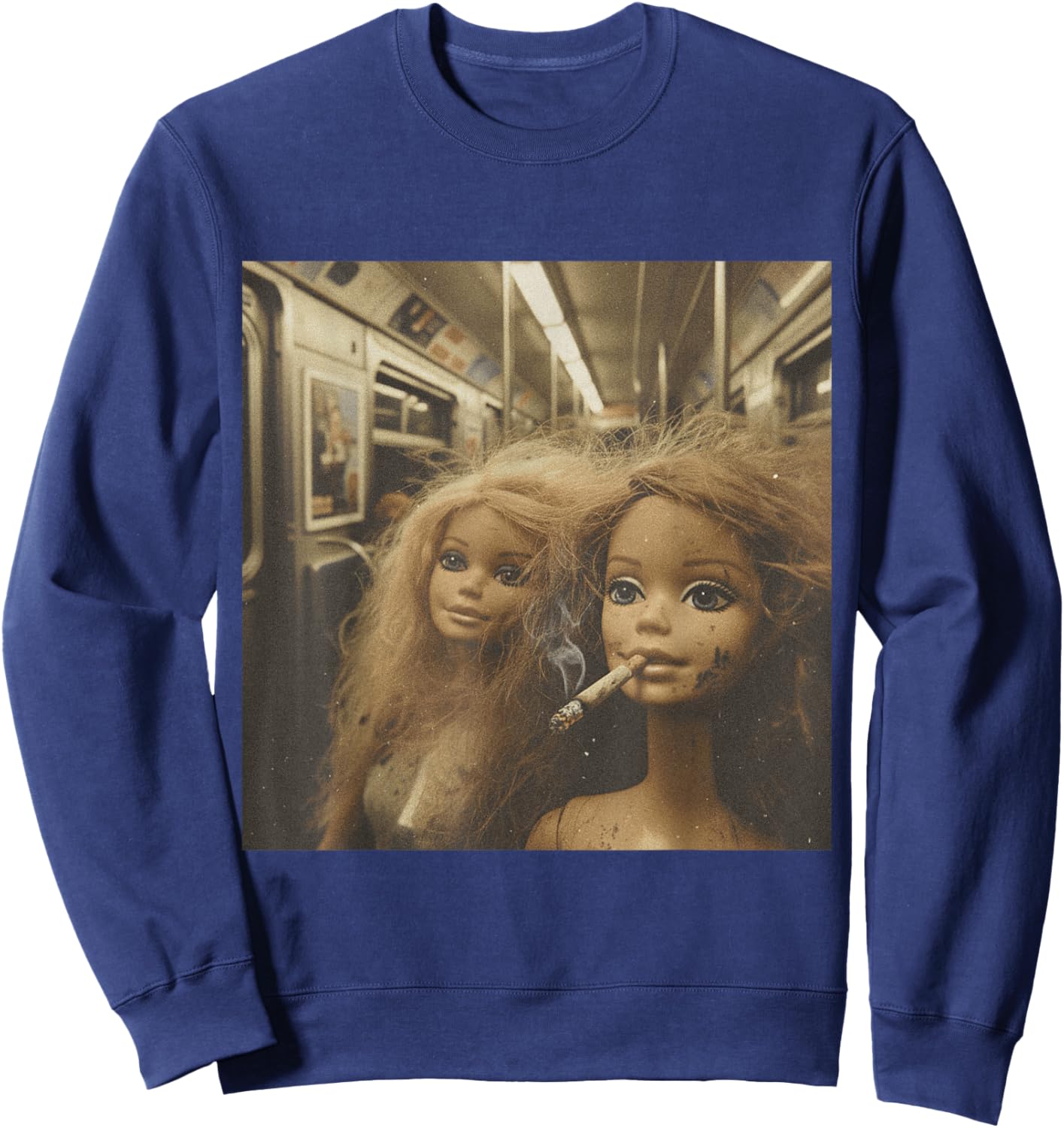 Distressed Doll Smoking Funny Doll Face Meme Sweatshirt - Sweatshirt | Navy