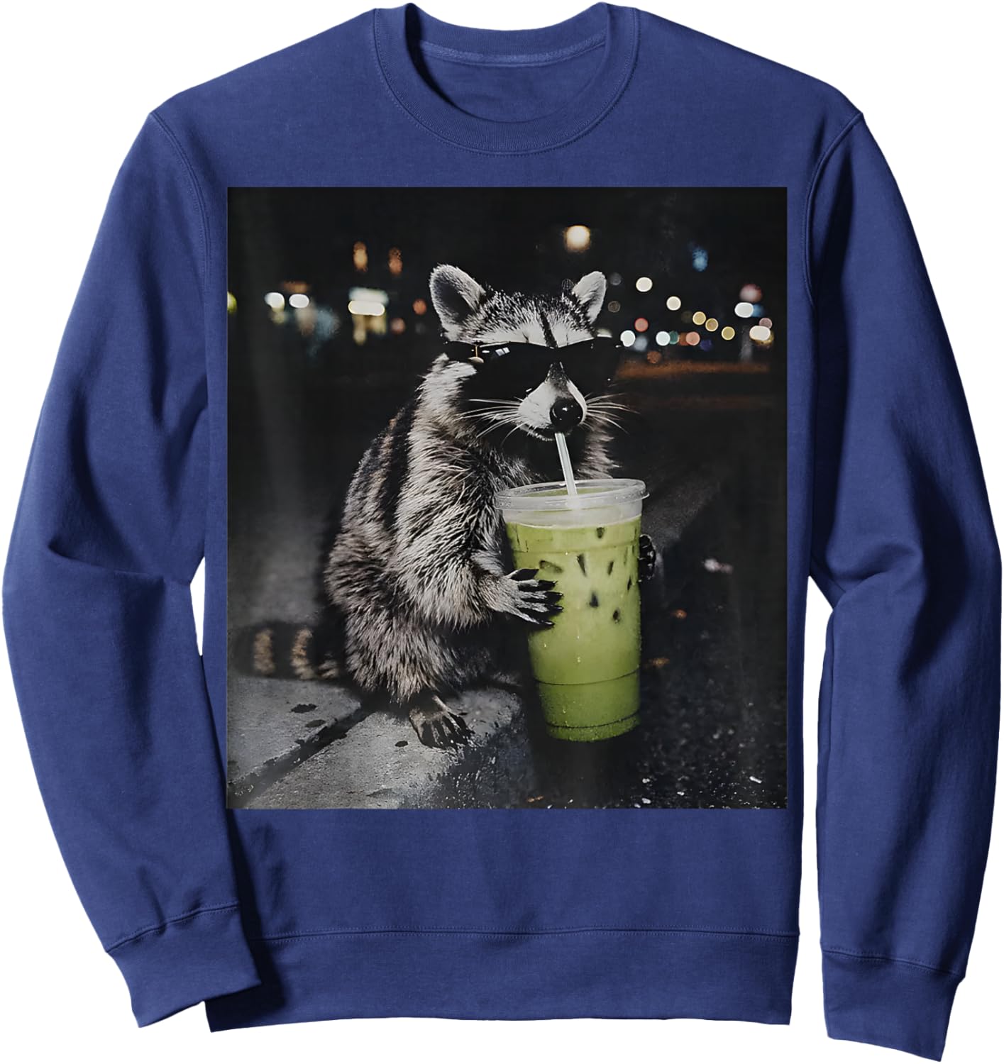 Raccoon Drinking Iced Matcha Latte Animal Meme Men Women Sweatshirt - Sweatshirt | Navy