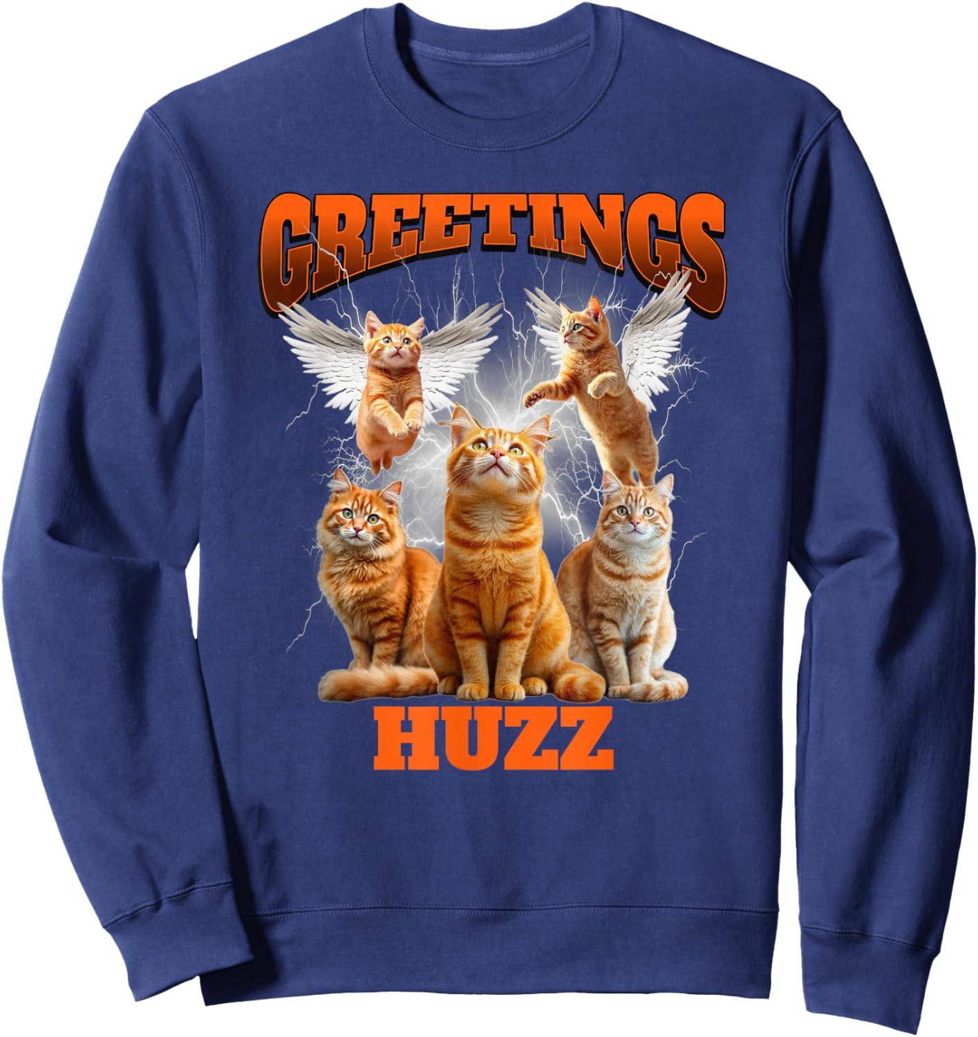 Greetings Huzz Bootleg Cat Meme Graphic Retro Y2K Aesthetic Sweatshirt - Sweatshirt | Navy