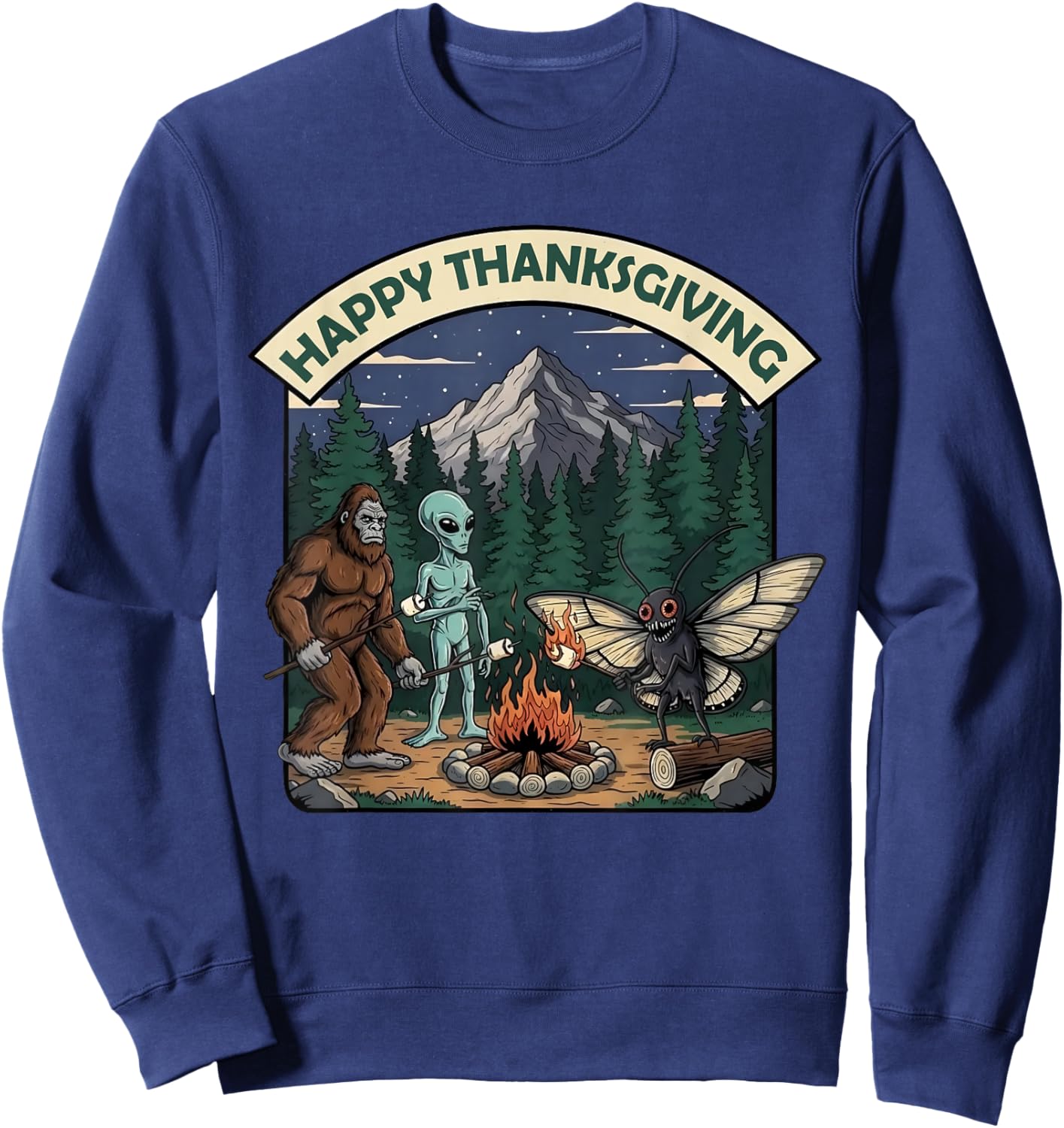 Happy Thanksgiving Shirt Men Bigfoot Alien Mothman Sasquatch Sweatshirt - Sweatshirt | Navy