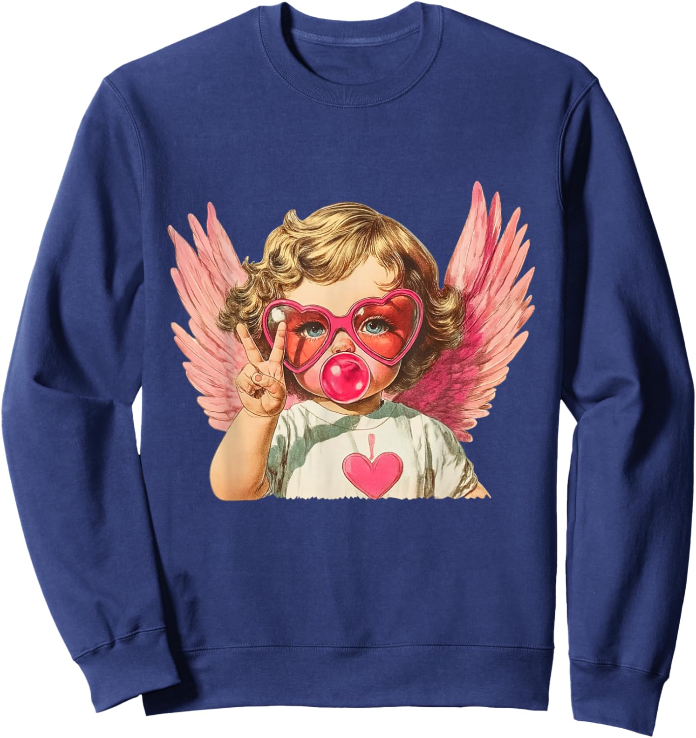 Vintage Cupid Blowing Bubble Gum Heart Sunglasses Valentines Sweatshirt - Sweatshirt | Navy