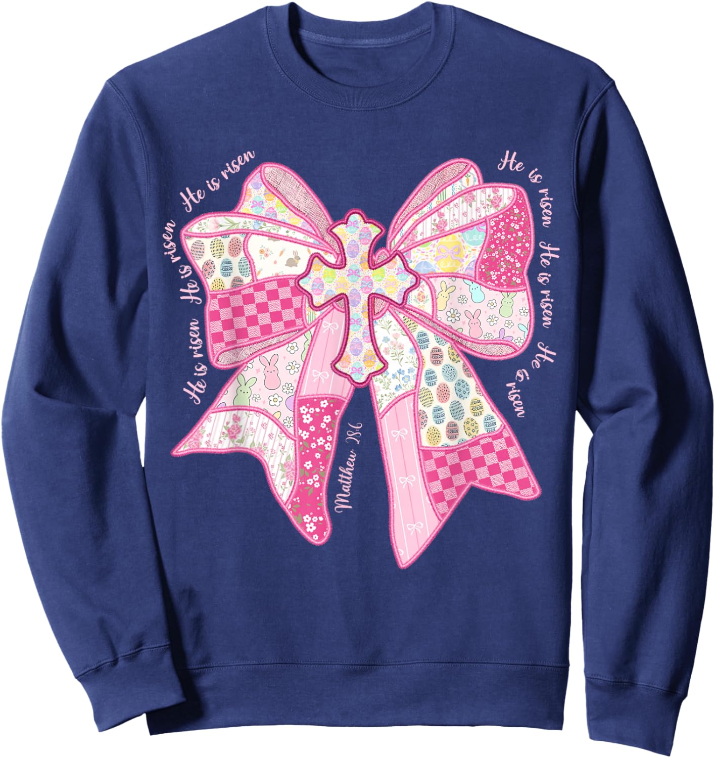 He is Risen Christian Cross Jesus Coquette Bow Bunny Easter Sweatshirt - Sweatshirt | Navy