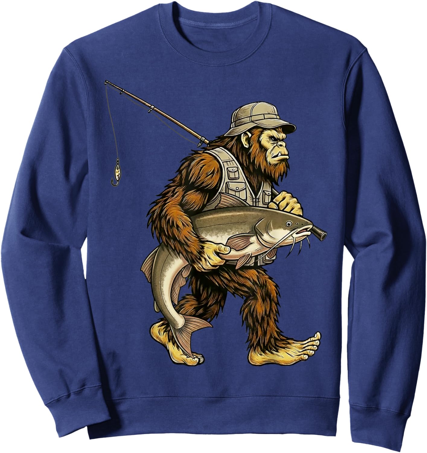 Catfish Bigfoot Fisherman River Fishing Sasquatch Sweatshirt - Sweatshirt | Navy