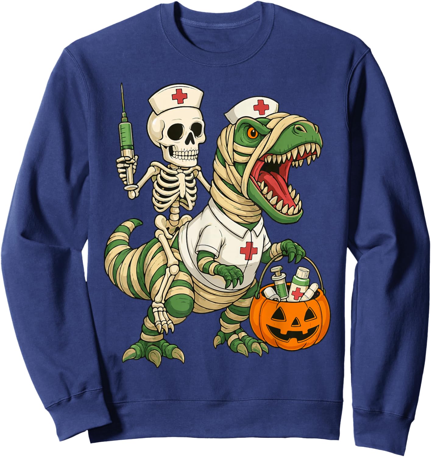Nurse Skeleton Riding Mummy Dinosaur T rex Halloween Nurse Sweatshirt - Sweatshirt | Navy