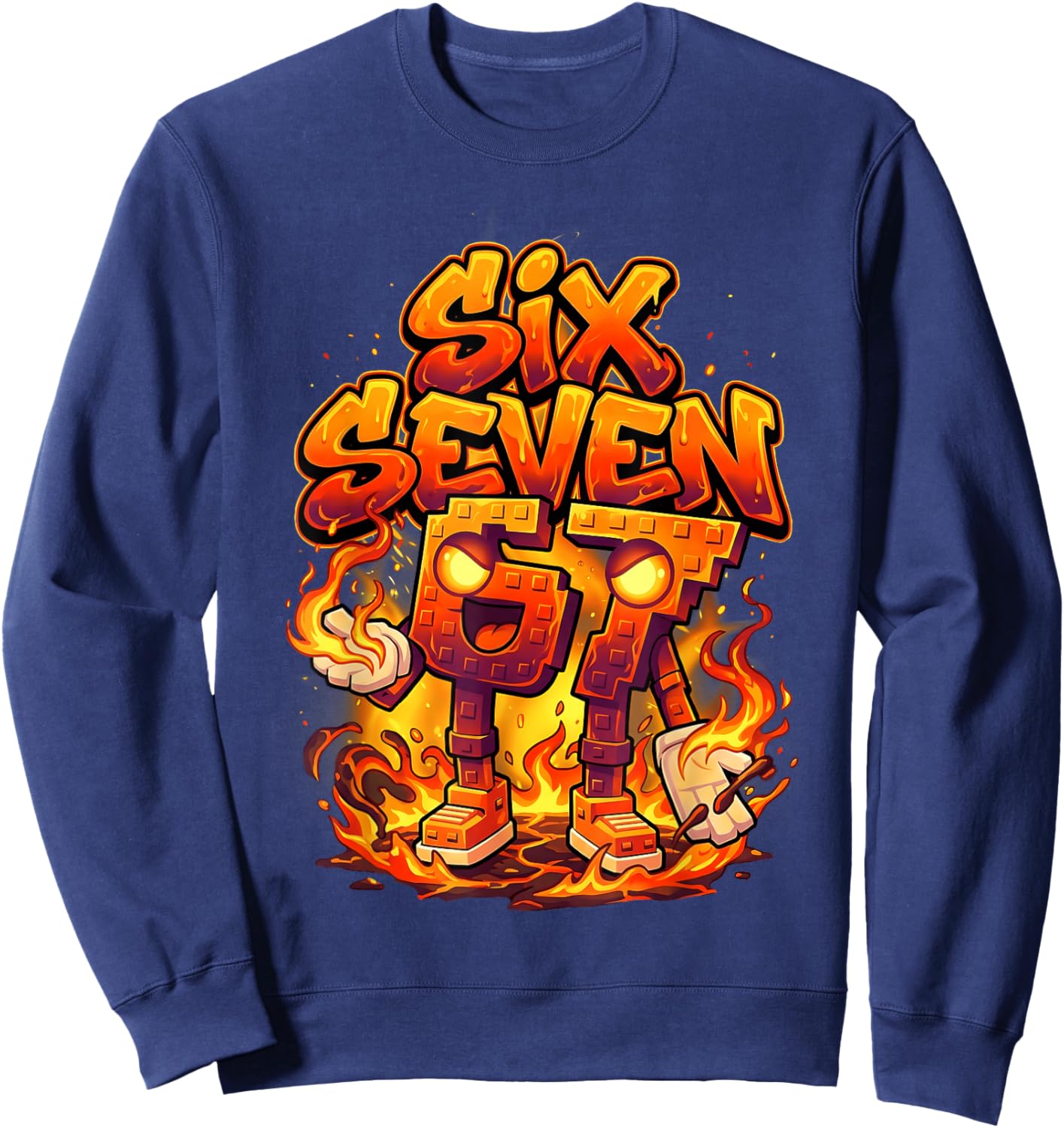Six Seven 67 Fire Flames 6 7 Brainrot Meme Boy Kid Youth 6-7 Sweatshirt - Sweatshirt | Navy