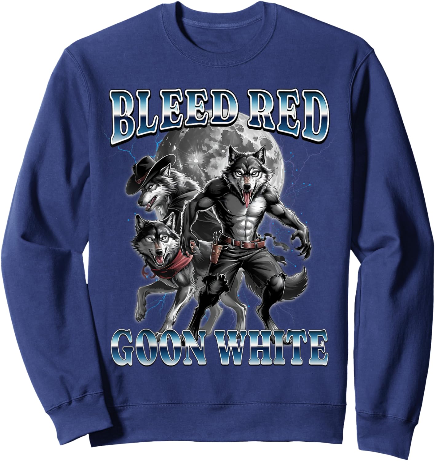Funny Bleed Red Goon White Bootleg Werewolf Gooner Meme Sweatshirt - Sweatshirt | Navy