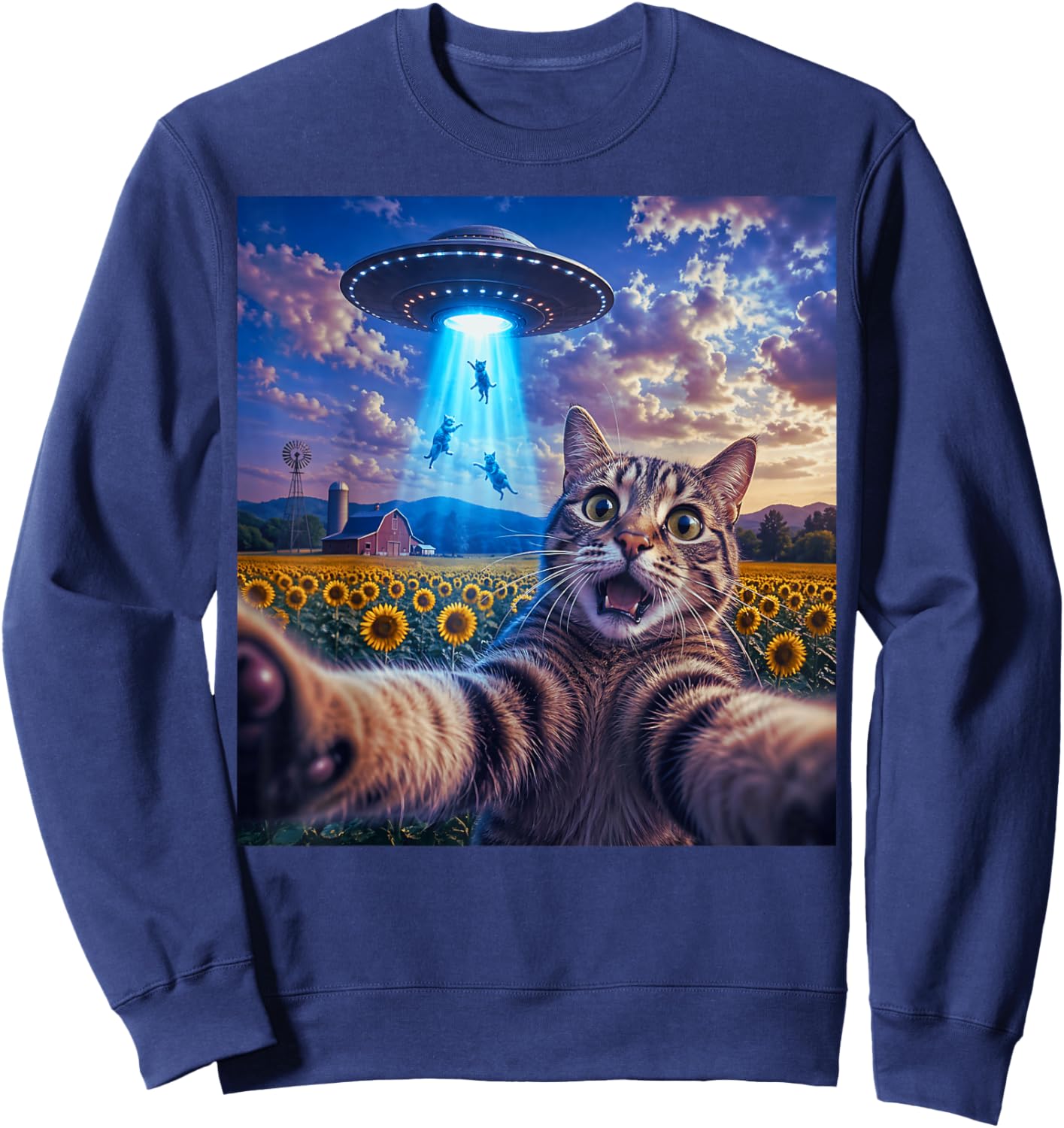 Cat Selfie with Alien UFO Funny Cat Gifts Women Kid Sweatshirt - Sweatshirt | Navy