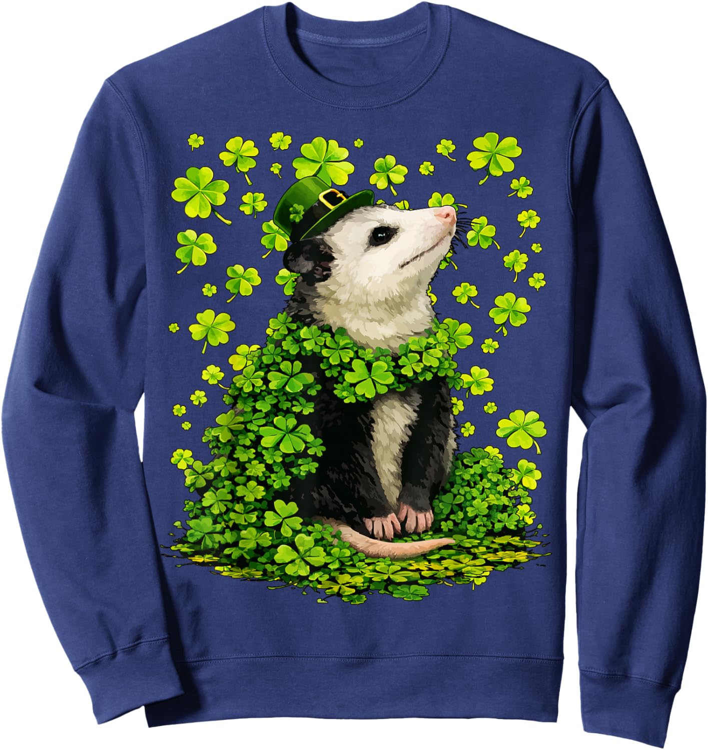 Lucky Opossum with Shamrocks Clovers St Patricks Day Possum Sweatshirt - Sweatshirt | Navy