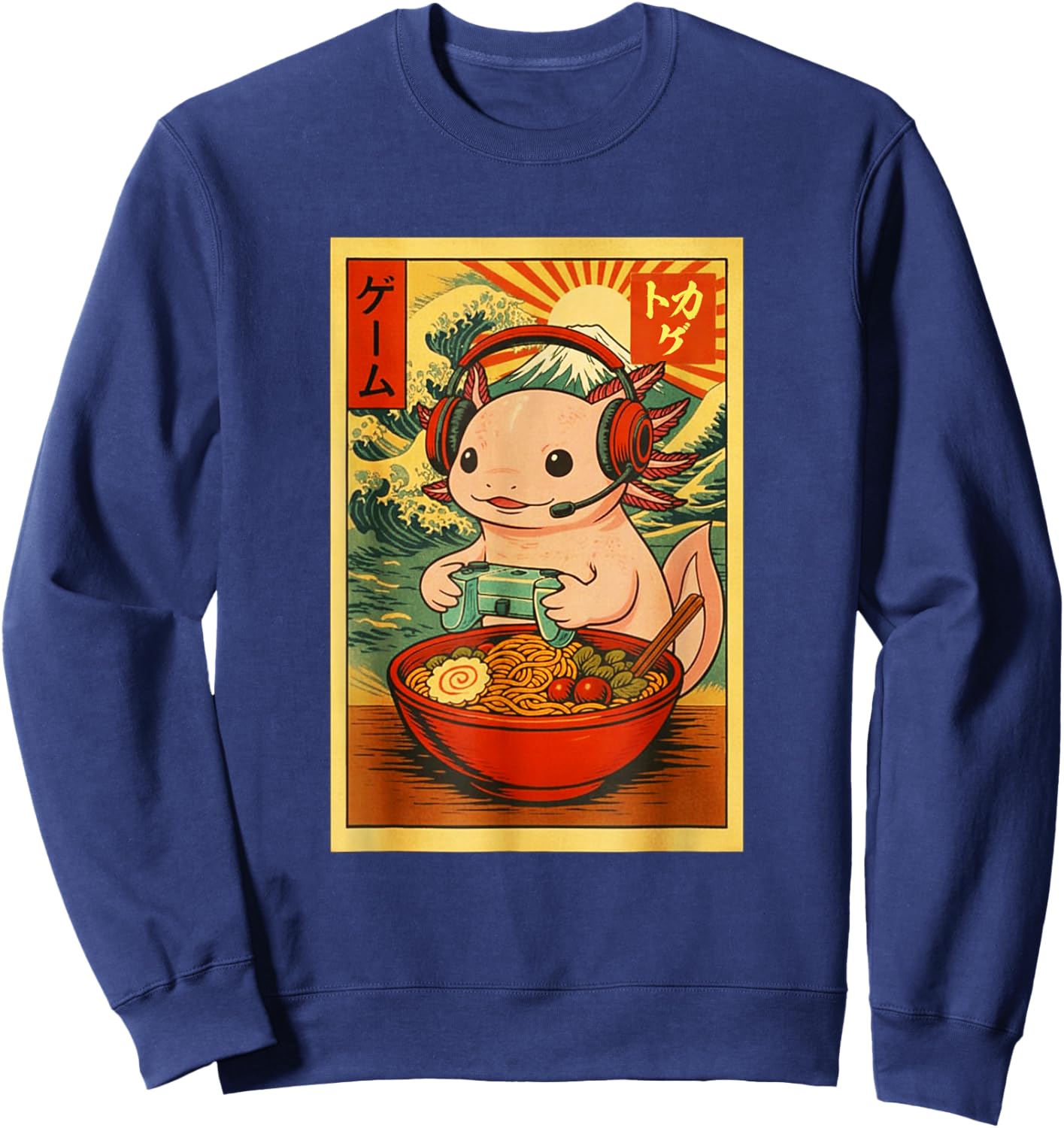 Axolotl Salamander Gaming Ramen Ukiyo-e Great Wave Retro Art Sweatshirt - Sweatshirt | Navy