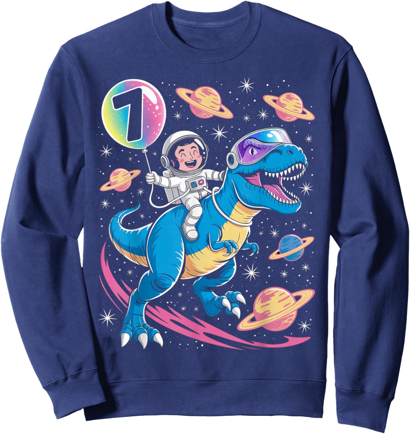 Astronaut Trex Dinosaur 7 Years Old Space Kids 7th Birthday Sweatshirt - Sweatshirt | Navy