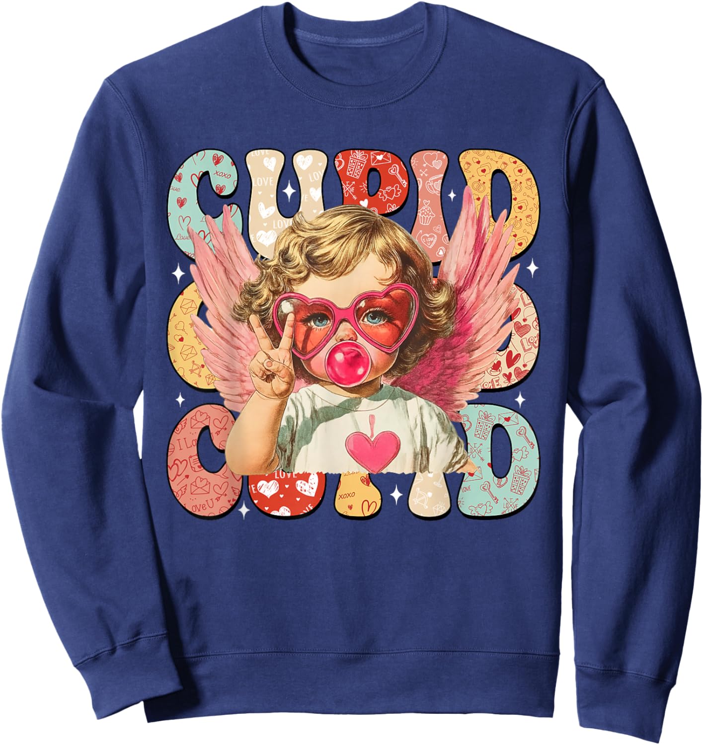 Vintage Cupid Blowing Bubble Gum Heart Sunglasses Valentines Sweatshirt - Sweatshirt | Navy