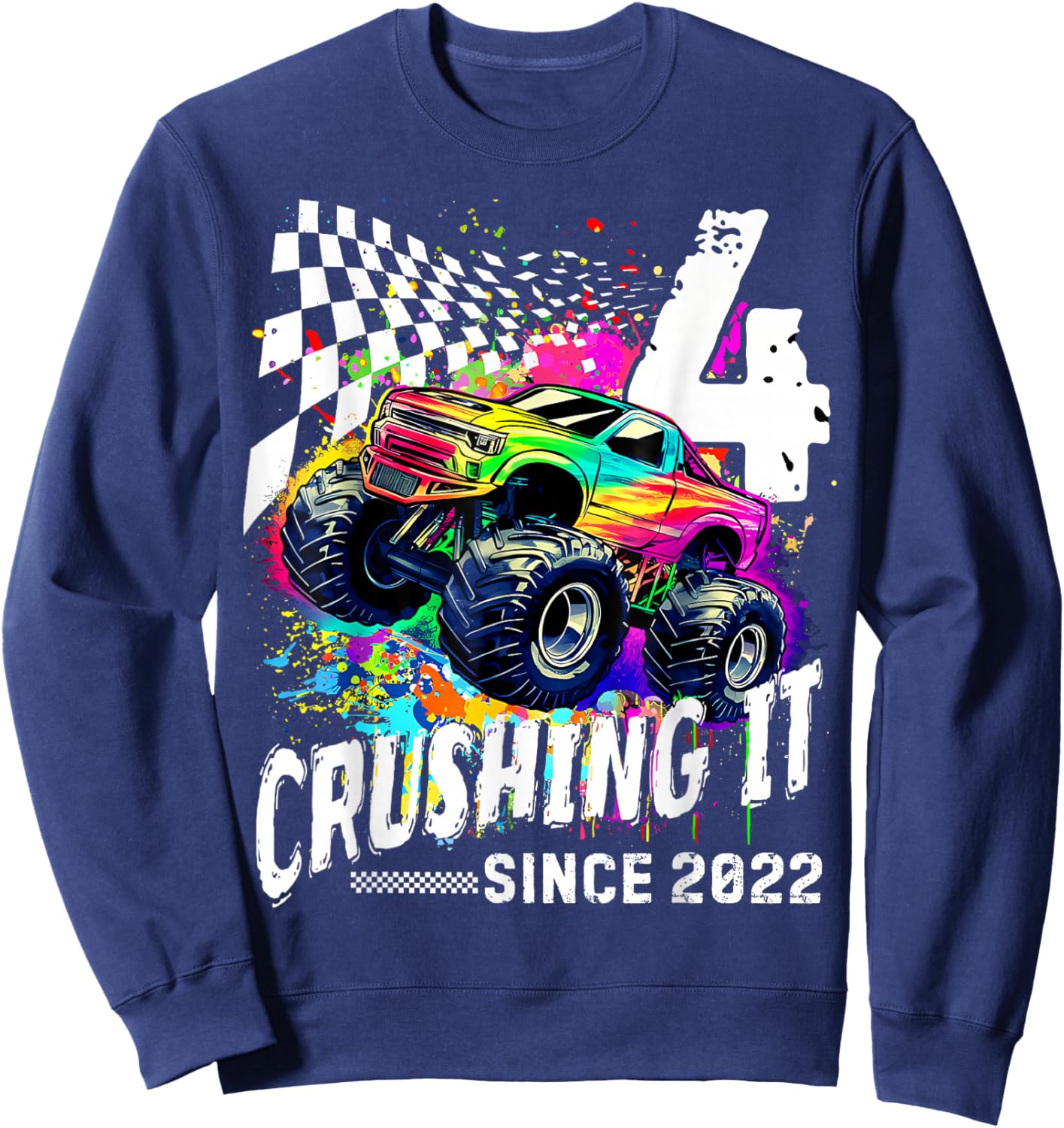 Birthday Monster Truck 4 Year Old Boys 4th Party Born 2022 Sweatshirt - Sweatshirt | Navy