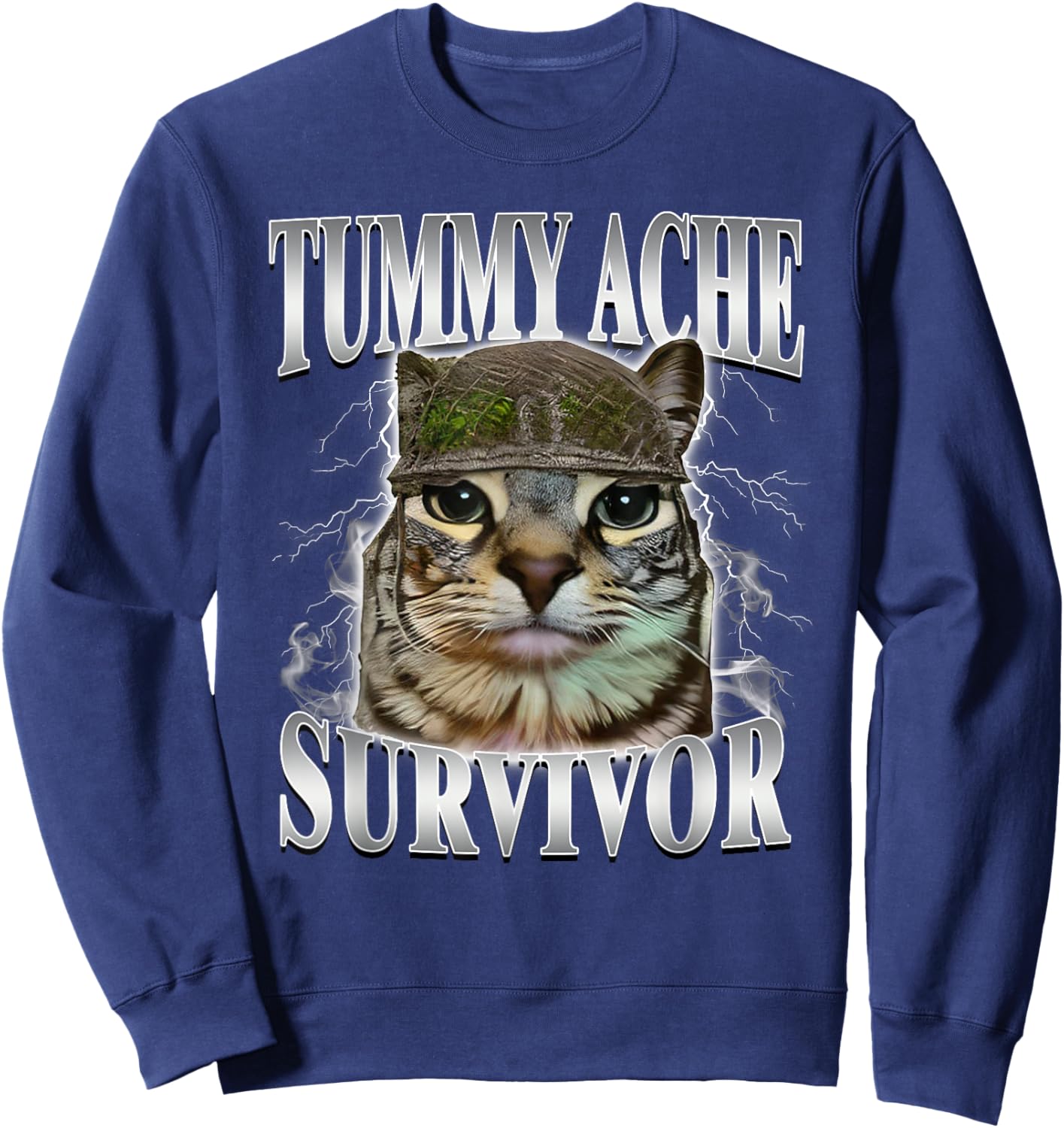 Tummy Ache Survivor Funny Cat Meme Sweatshirt - Sweatshirt | Navy