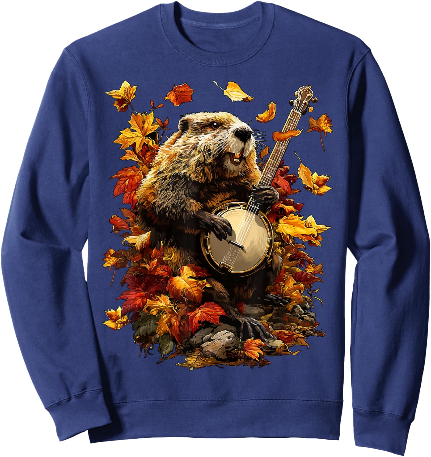 Banjoist Beaver Playing Banjo Picker Fall Leaves Autumn Sweatshirt - Sweatshirt | Navy