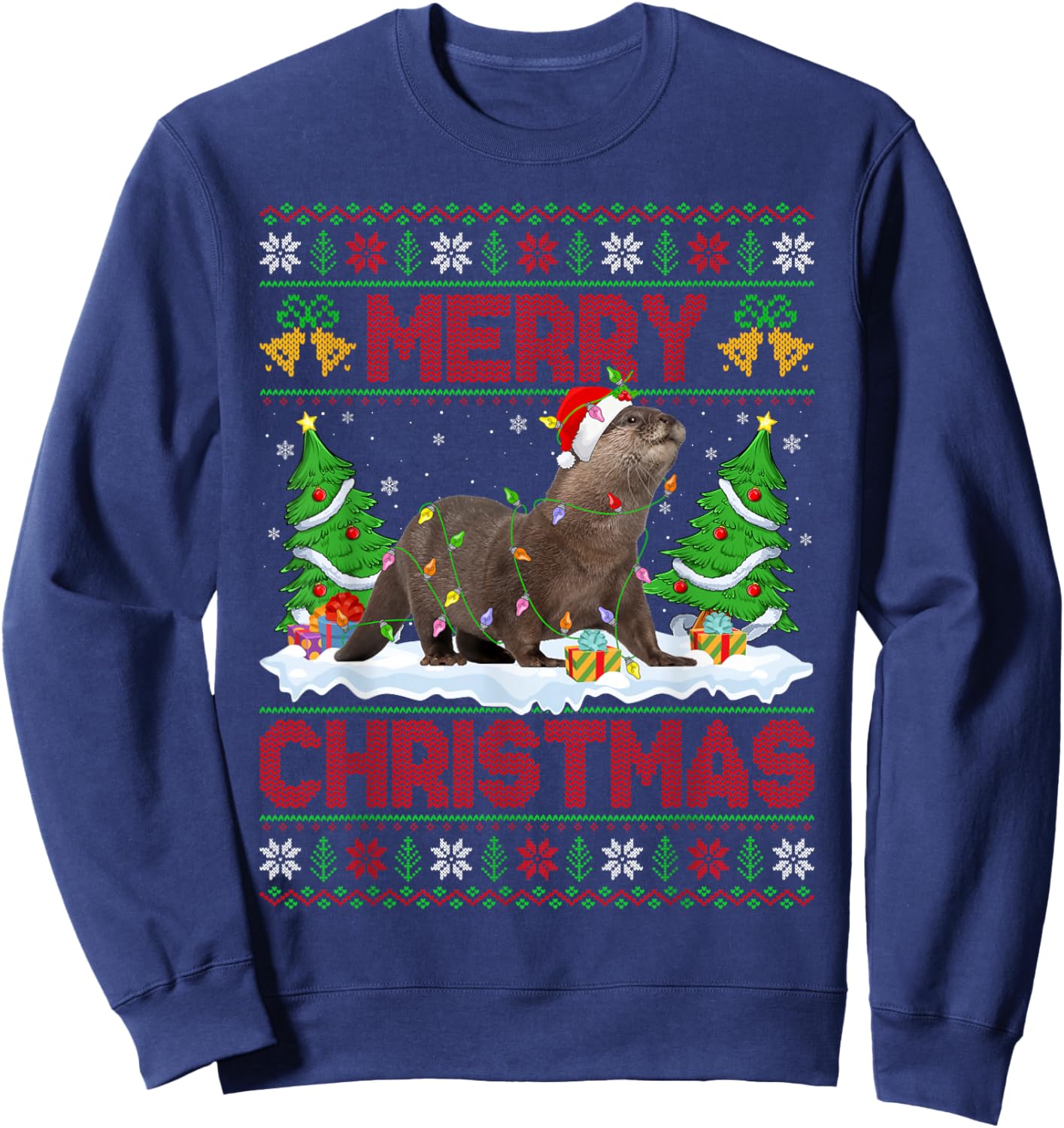 Otter Ugly Xmas Sweater Funny Otter Animal Lights Christmas Sweatshirt - Sweatshirt | Navy