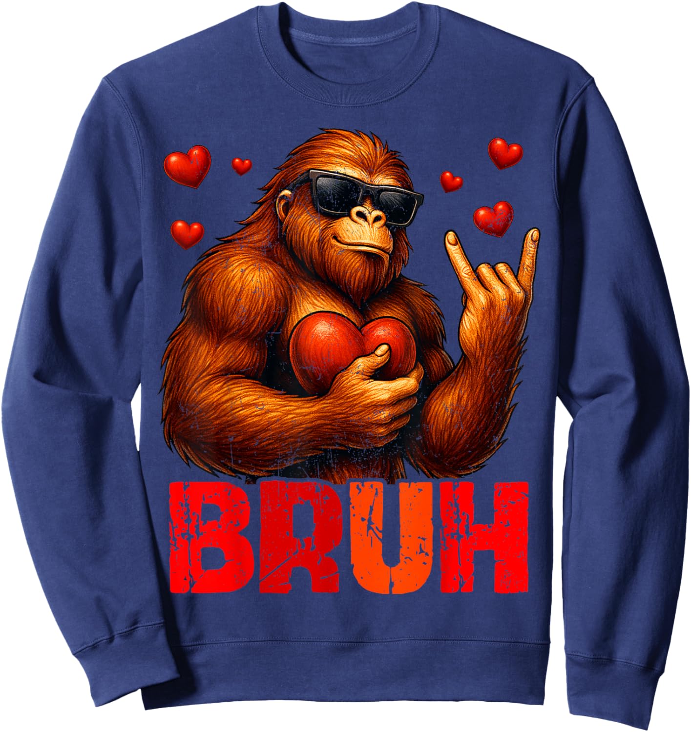 Bruh Funny Bigfoot Sasquatch Rock On Valentine Men Boy Sweatshirt - Sweatshirt | Navy