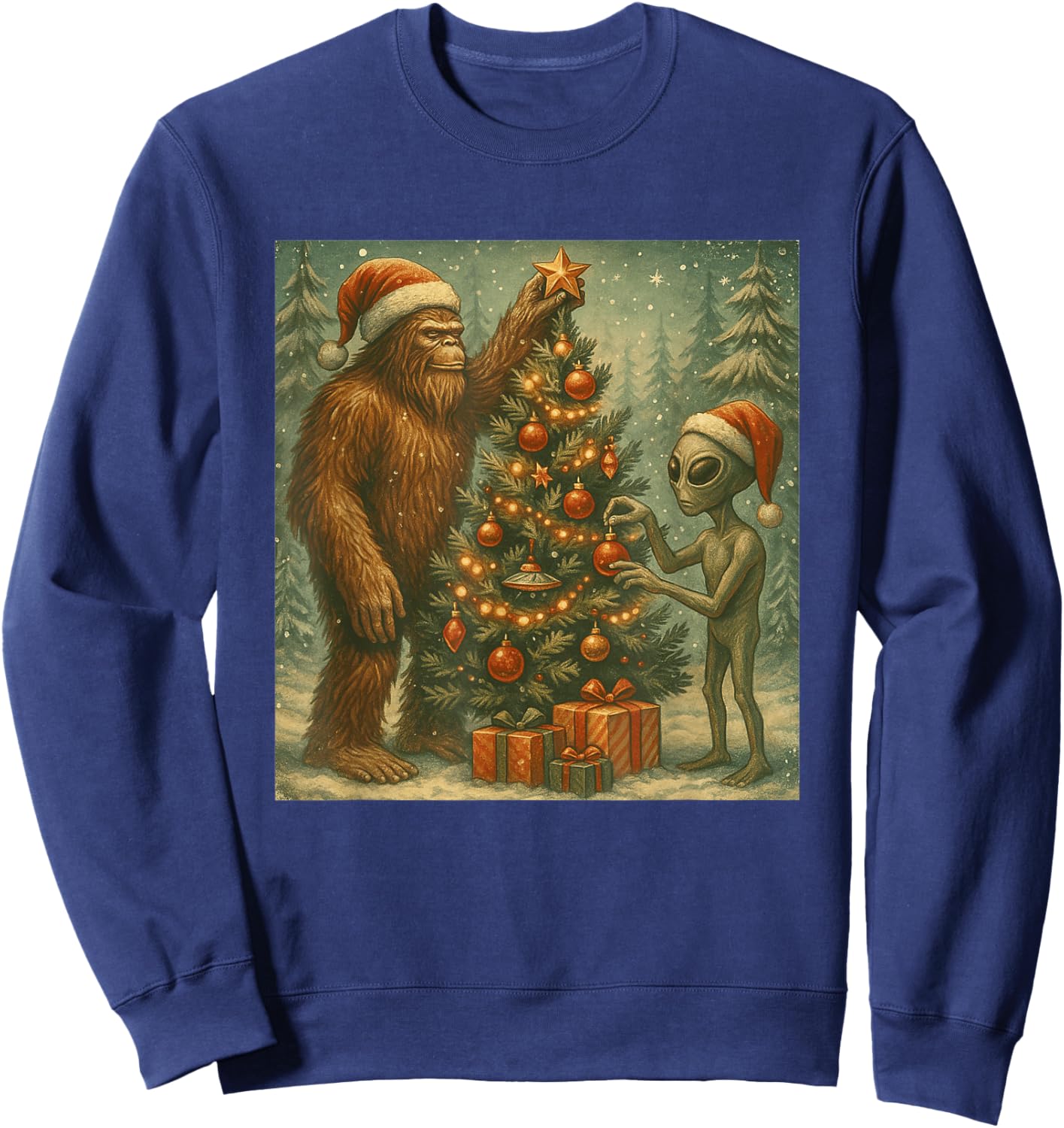 Alien and Bigfoot Decorating Christmas Tree Sasquatch Retro Sweatshirt - Sweatshirt | Navy