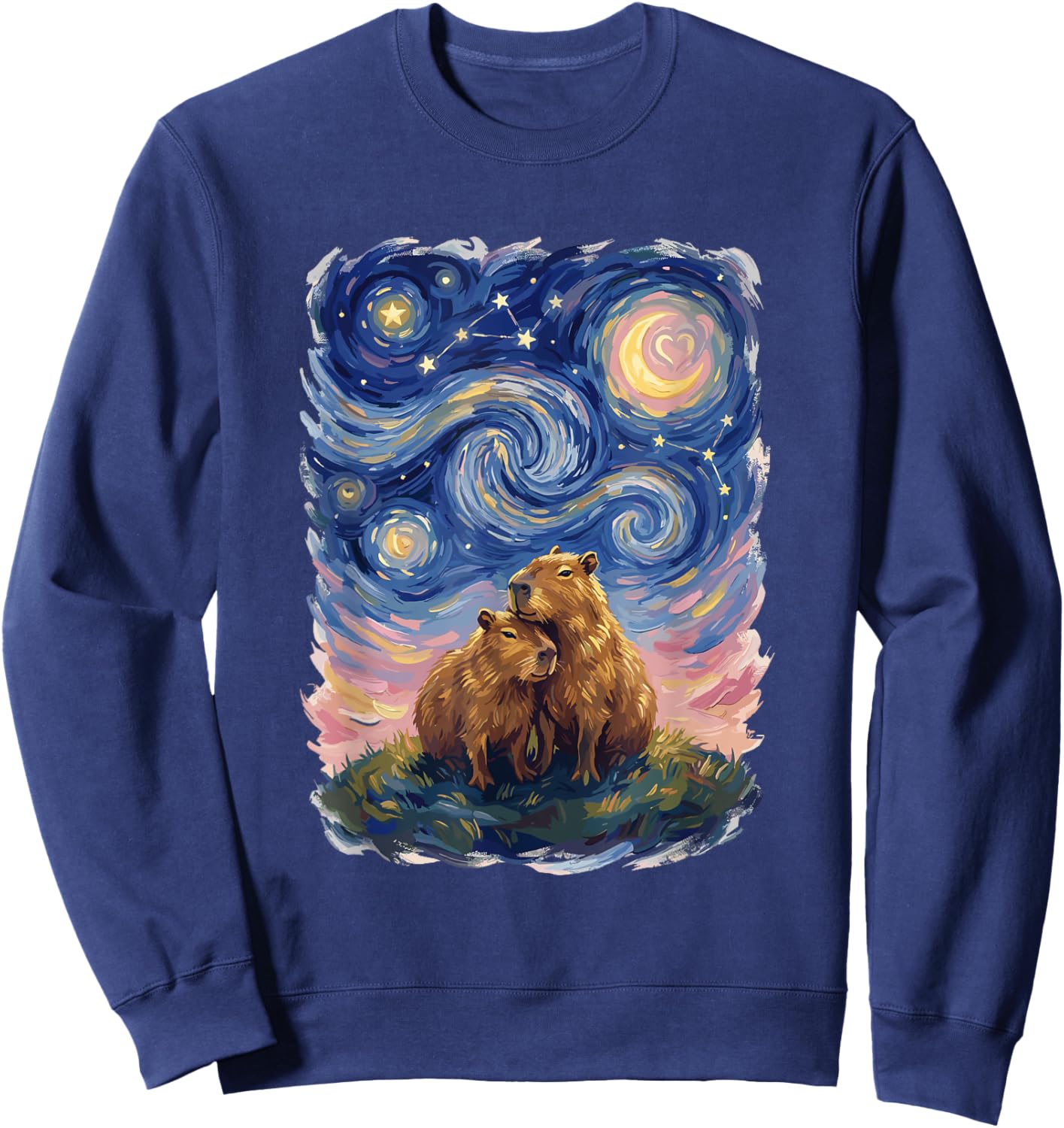 Starry Night Capybara Couple Art Parody Valentine's Day Sweatshirt - Sweatshirt | Navy