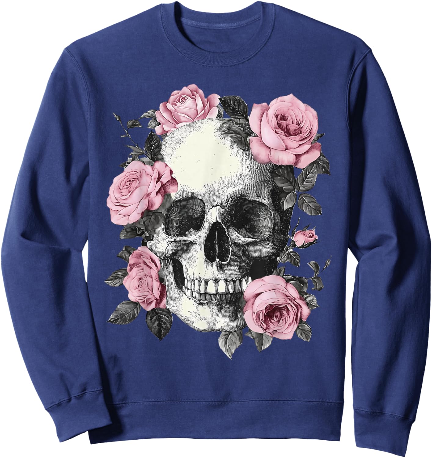 Floral Sugar Skull Rose Flowers Skeleton Halloween Men Women Sweatshirt - Sweatshirt | Navy