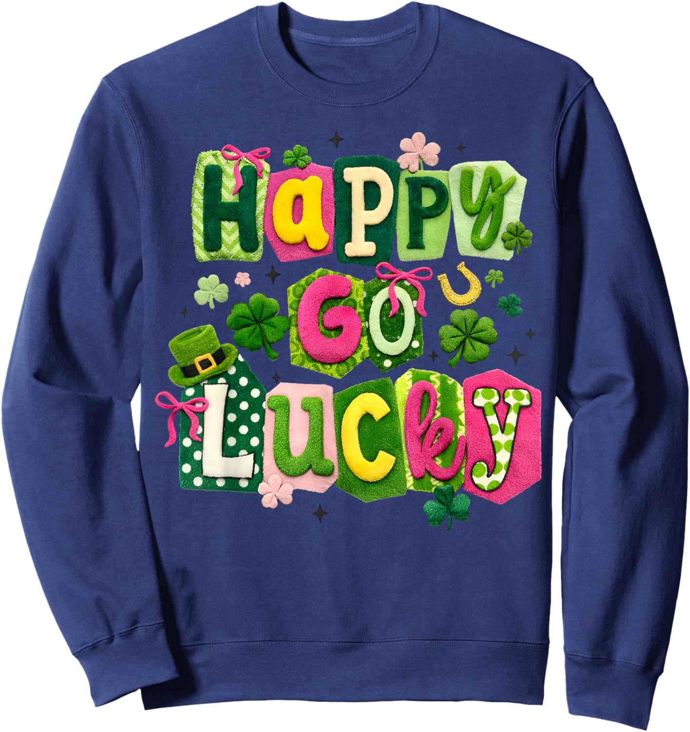 Happy Go Lucky Shamrock Crochet Irish Happy St Patrick's Day Sweatshirt - Sweatshirt | Navy