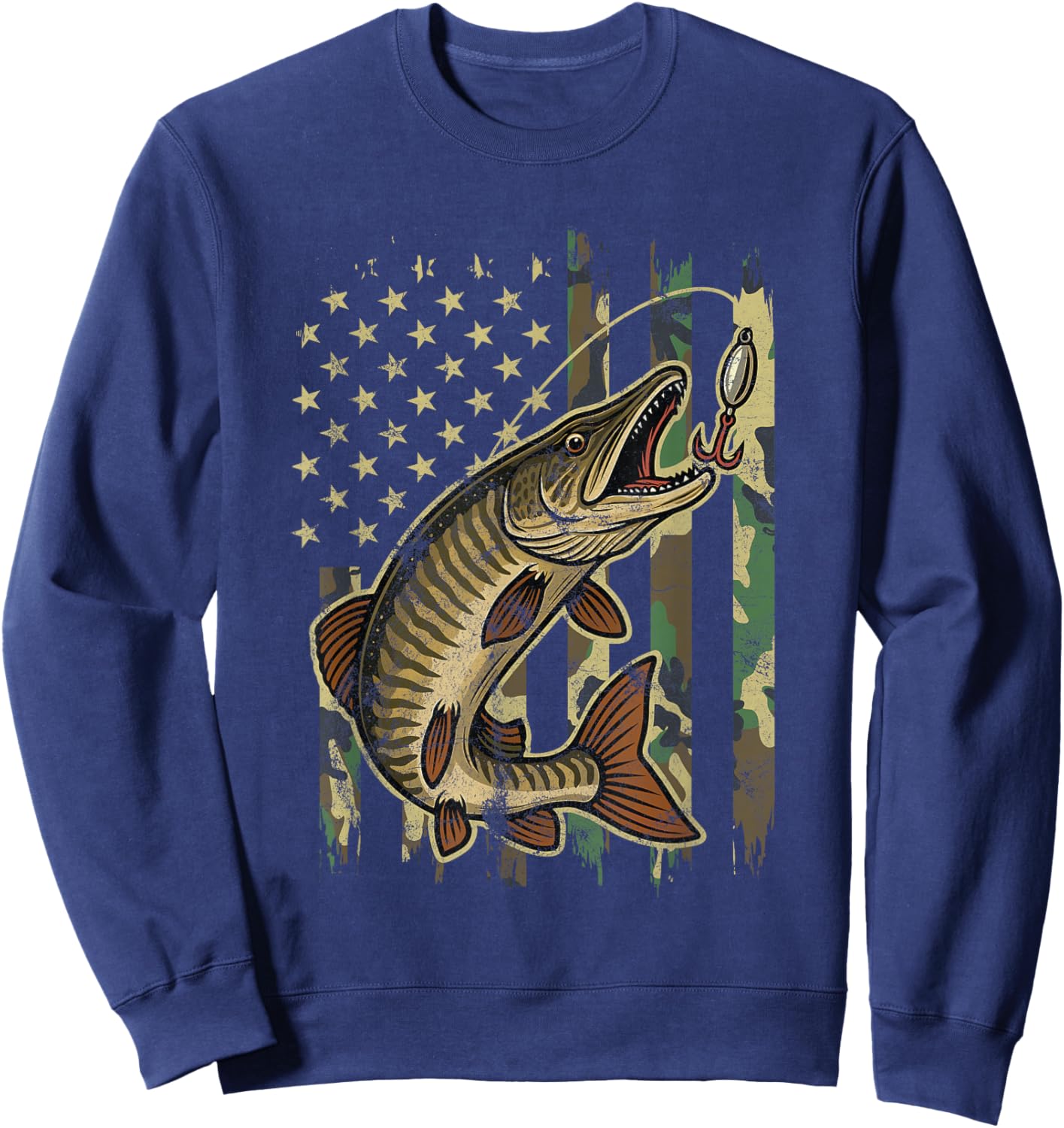 Muskie Fishing Camo American Flag Musky Fisherman Design Sweatshirt - Sweatshirt | Navy