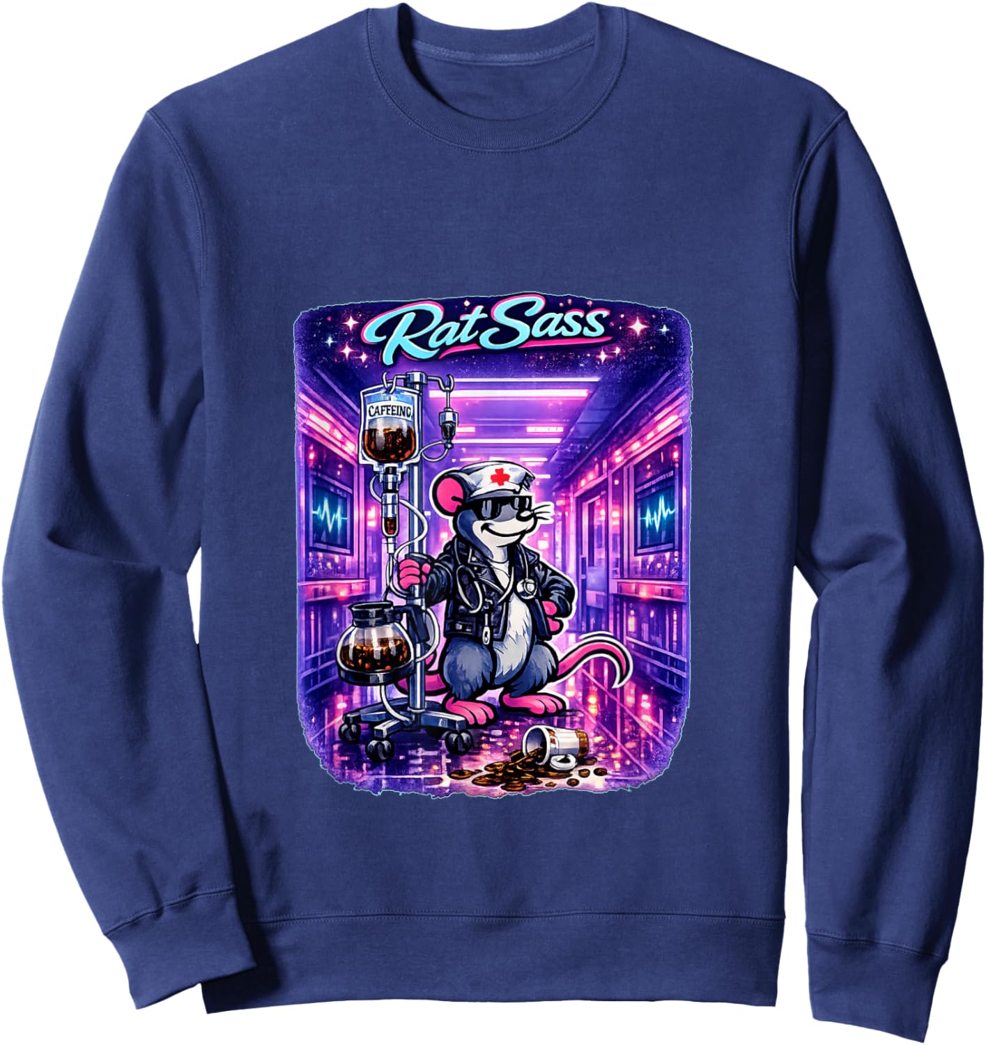 Electric Nurse Coffee IV Cartoon Caffeine Addict Retro Rat Sweatshirt - Sweatshirt | Navy