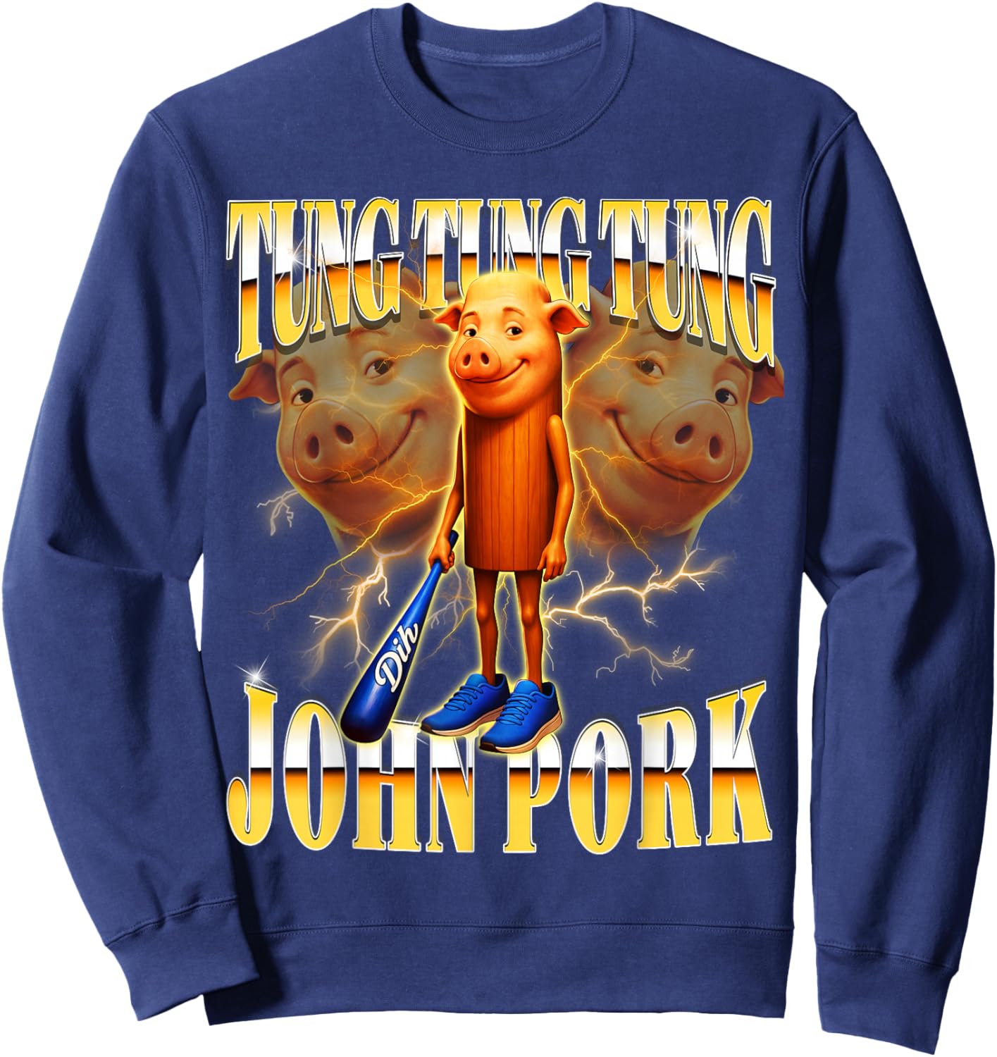 Tung Tung Tung John Pork is Calling Y2K Bootleg Dih Meme Sweatshirt - Sweatshirt | Navy
