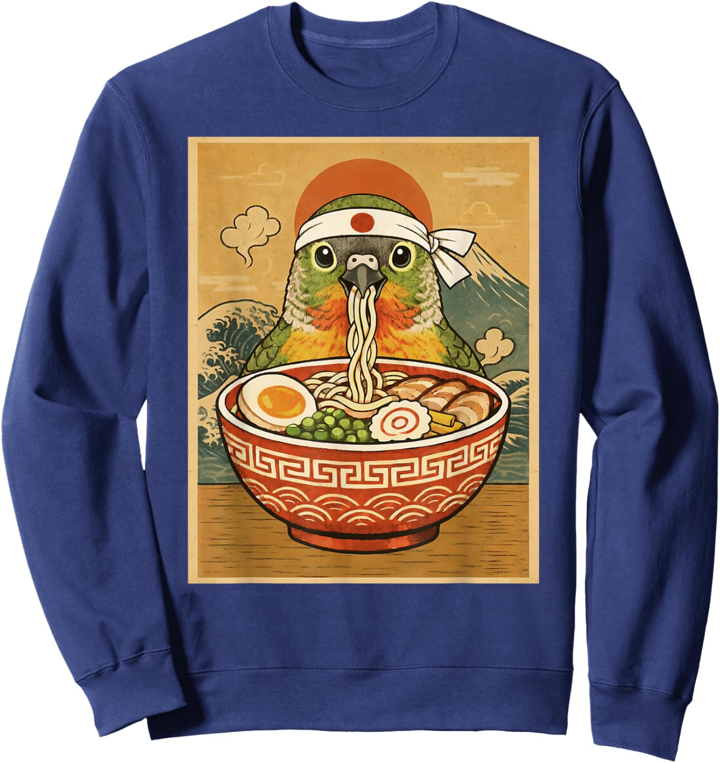 Kawaii Green Cheek Conure Parrot Japanese Ramen Noodles Sweatshirt - Sweatshirt | Navy