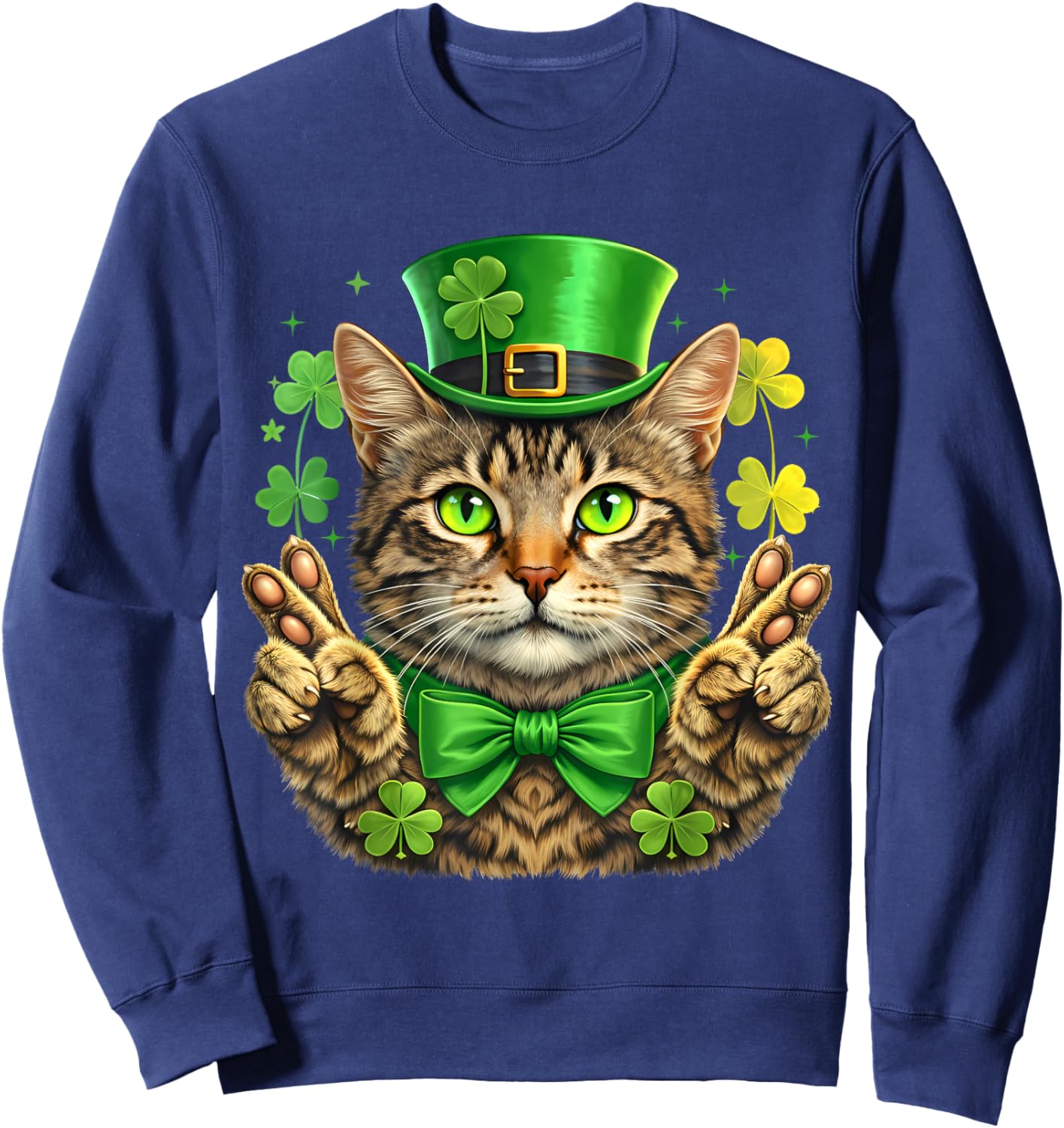 St Patricks Day Cat Leprechaun Hat Lucky Hand Shamrock Kids Sweatshirt - Sweatshirt | Navy