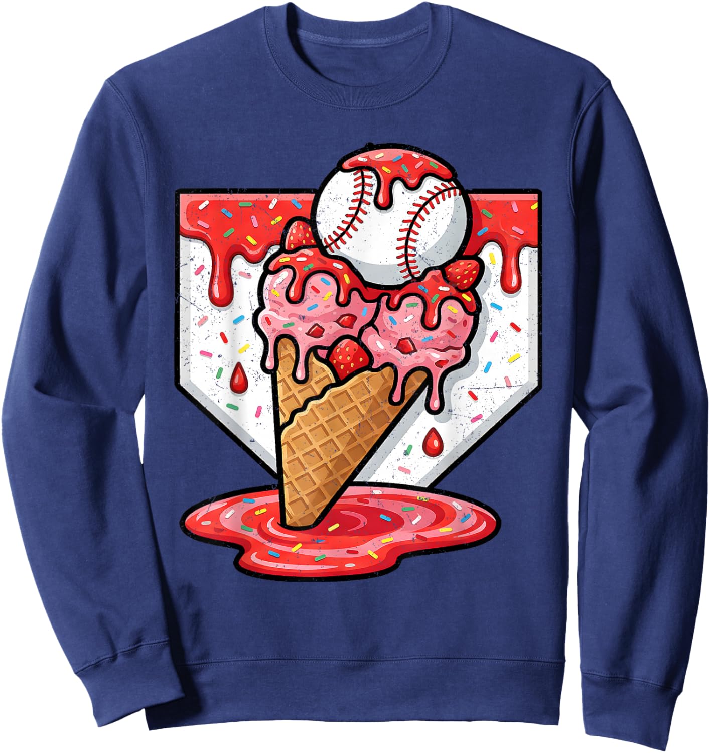Baseball Ice Cream Drip Baseball Strawberry for Youth Red Sweatshirt - Sweatshirt | Navy