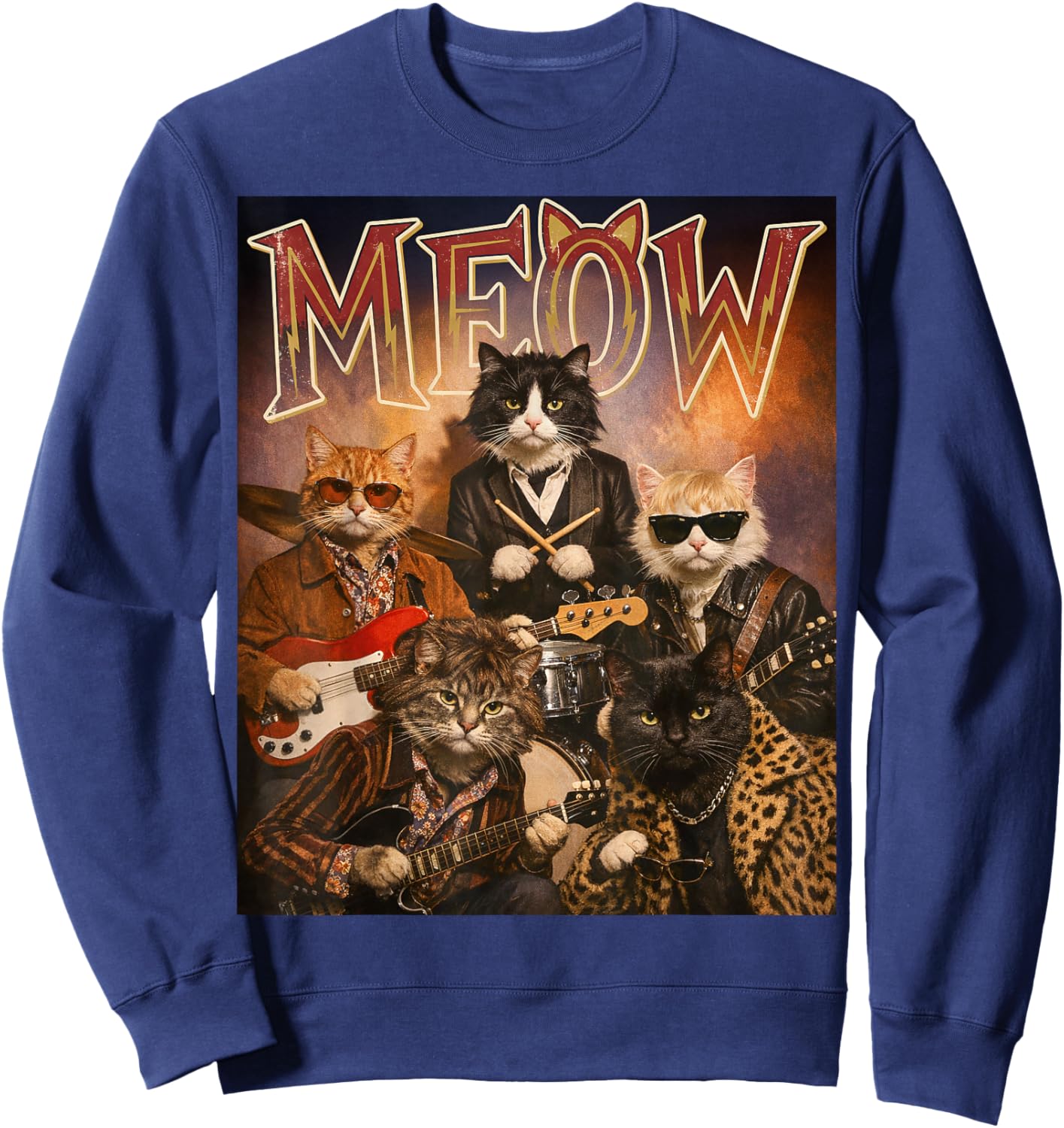 Meow Funny Cat Rock and Roll Band 60s Retro Music Fan Sweatshirt - Sweatshirt | Navy