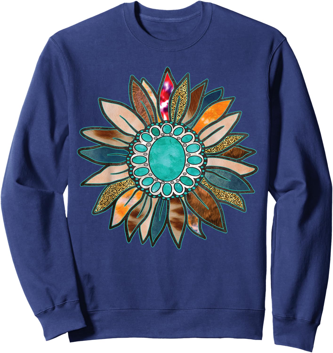 Western Boho Sunflower Turquoise Rustic Cowgirl Floral Art Sweatshirt - Sweatshirt | Navy