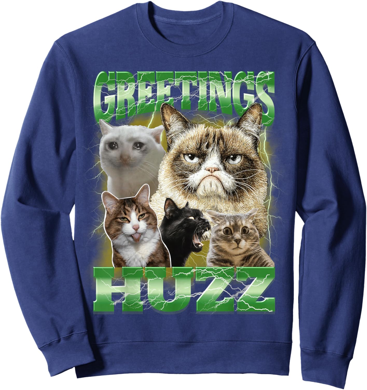 Greetings Huzz Bootleg Cringe CAT Meme Weird Stupid Cats Sweatshirt - Sweatshirt | Navy