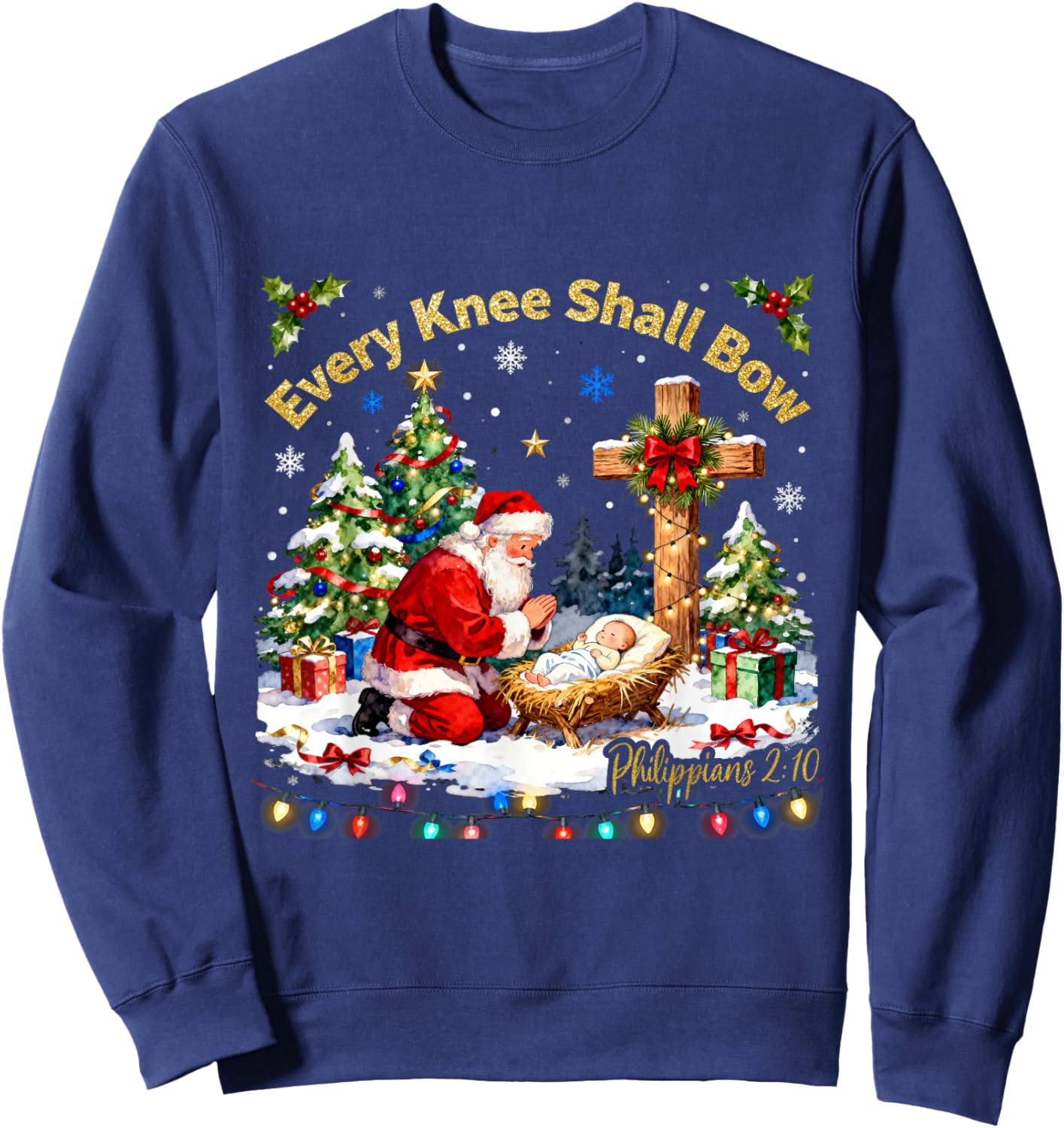 Xmas Every Knee Shall Bow Santa Christmas Nativity Scene Sweatshirt - Sweatshirt | Navy