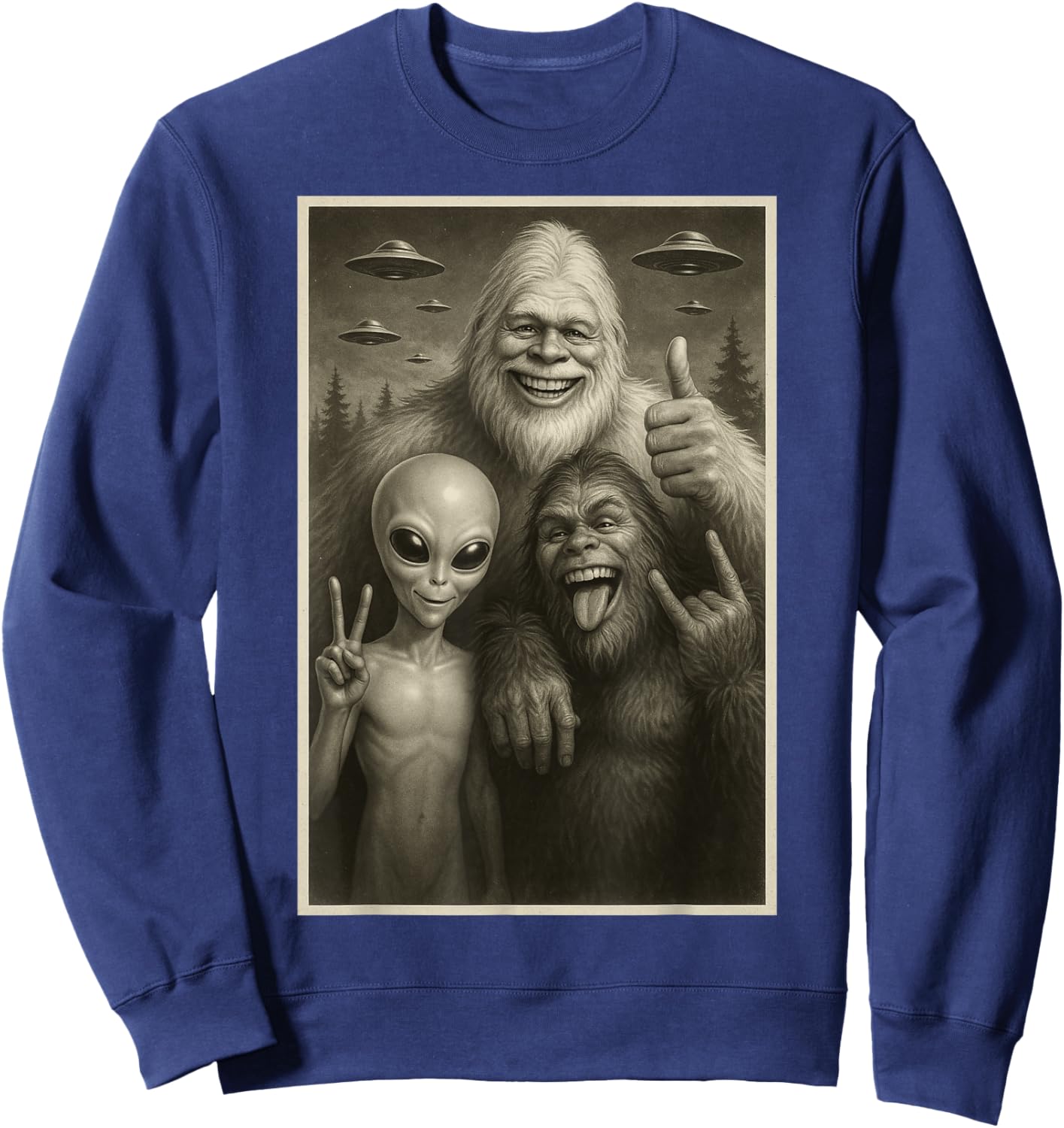 Funny Bigfoot, Alien, & Yeti Sasquatch Rock On UFO Handsign Sweatshirt - Sweatshirt | Navy
