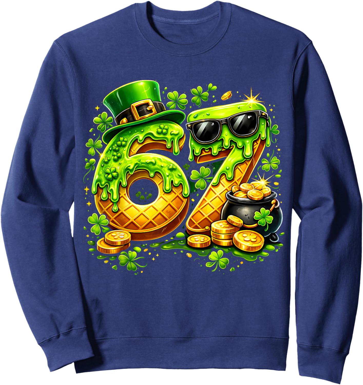 Six Seven Meme 67 St Patricks Day Shamrock Men Women Kids Sweatshirt - Sweatshirt | Navy
