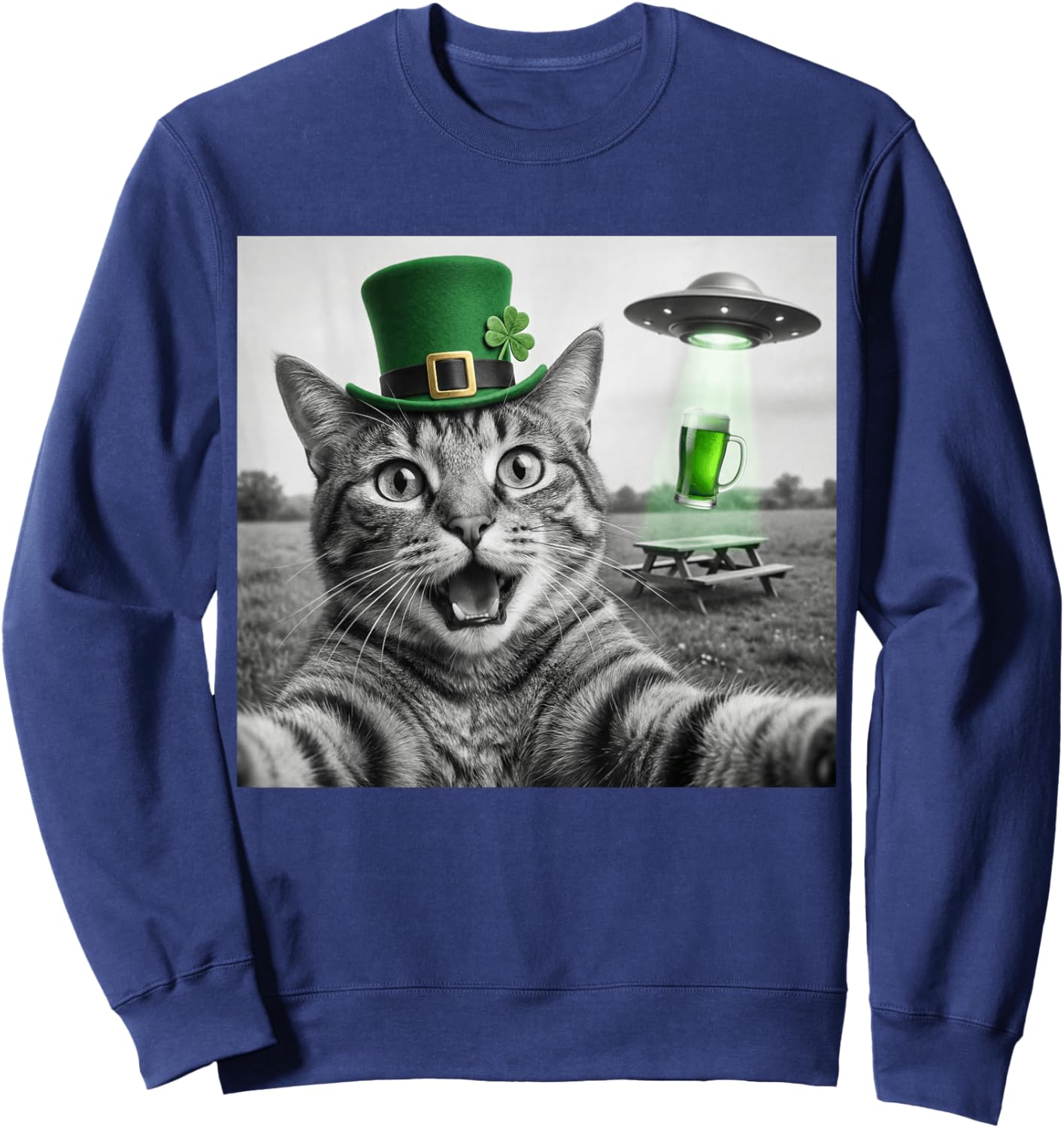 Funny Cat Selfie St Patricks Day UFO Abduction Green Beer Sweatshirt - Sweatshirt | Navy