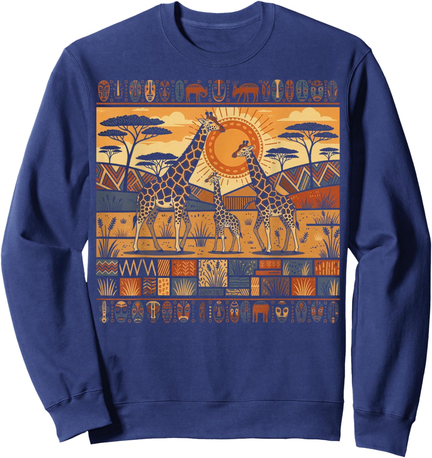 African Giraffe & Baby Tribal Kente Pattern Safari Ghana Sweatshirt - Sweatshirt | Navy