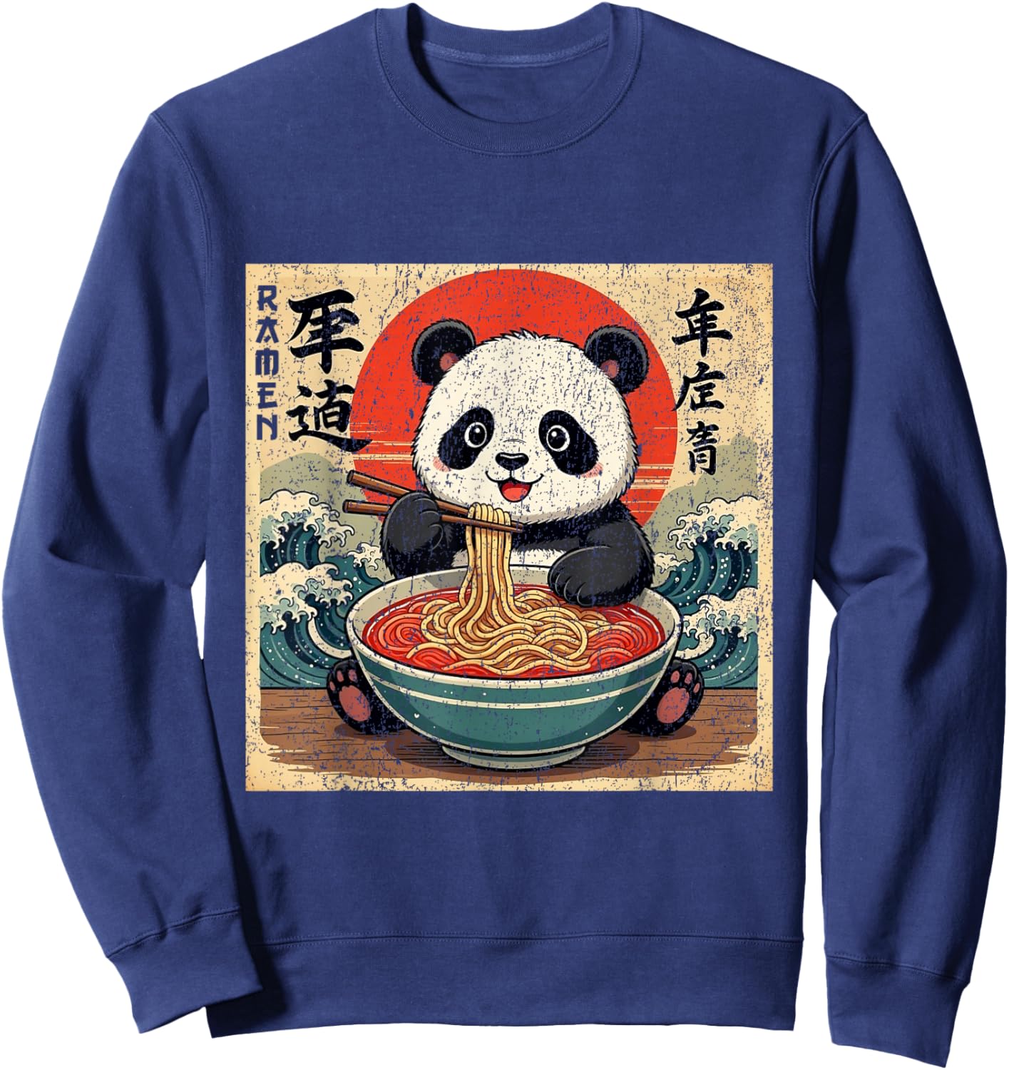 Kawaii Anime Panda Ramen Kids Funny Japanese Kanagawa Wave Sweatshirt - Sweatshirt | Navy