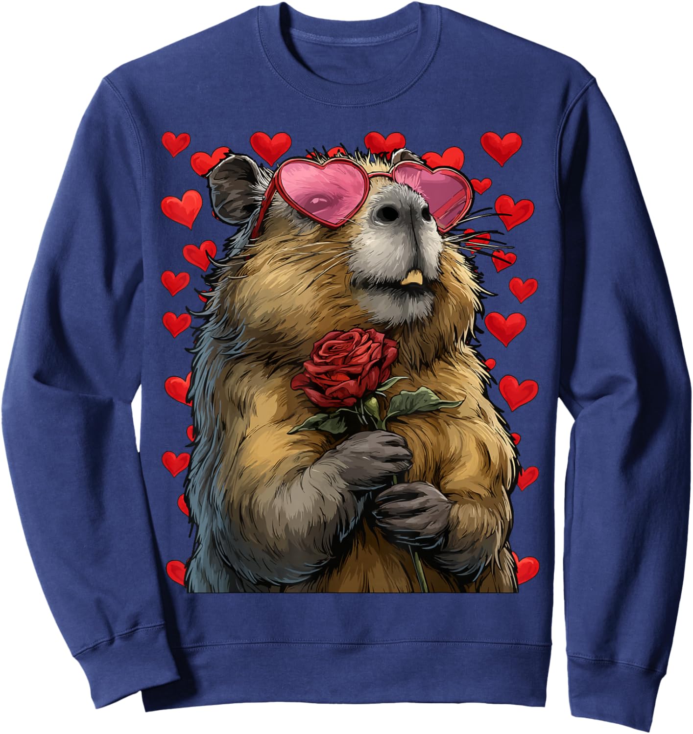 Cute Capybara with Heart Glasses Rose Valentine's Day Animal Sweatshirt - Sweatshirt | Navy