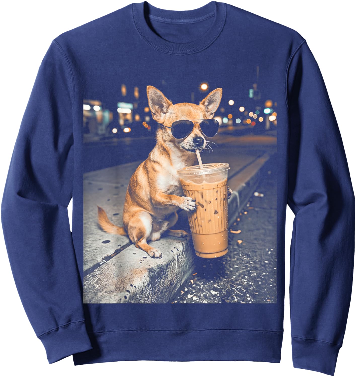 Chihuahua Drinking Iced Coffee Funny Animal Meme Men Women Sweatshirt - Sweatshirt | Navy