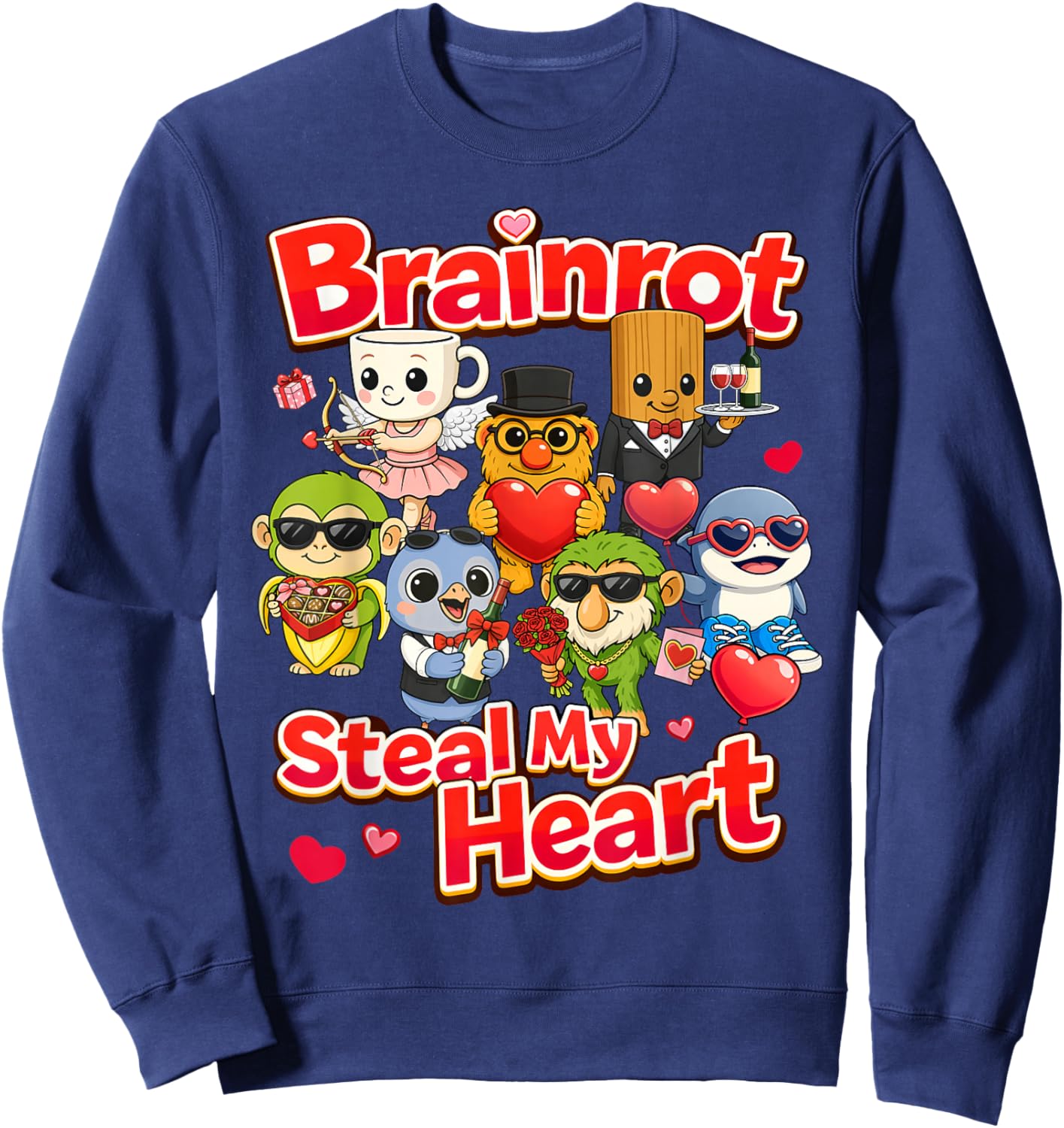 Brainrot Steal My Heart Valentine Kids AI Generated Cute Sweatshirt - Sweatshirt | Navy